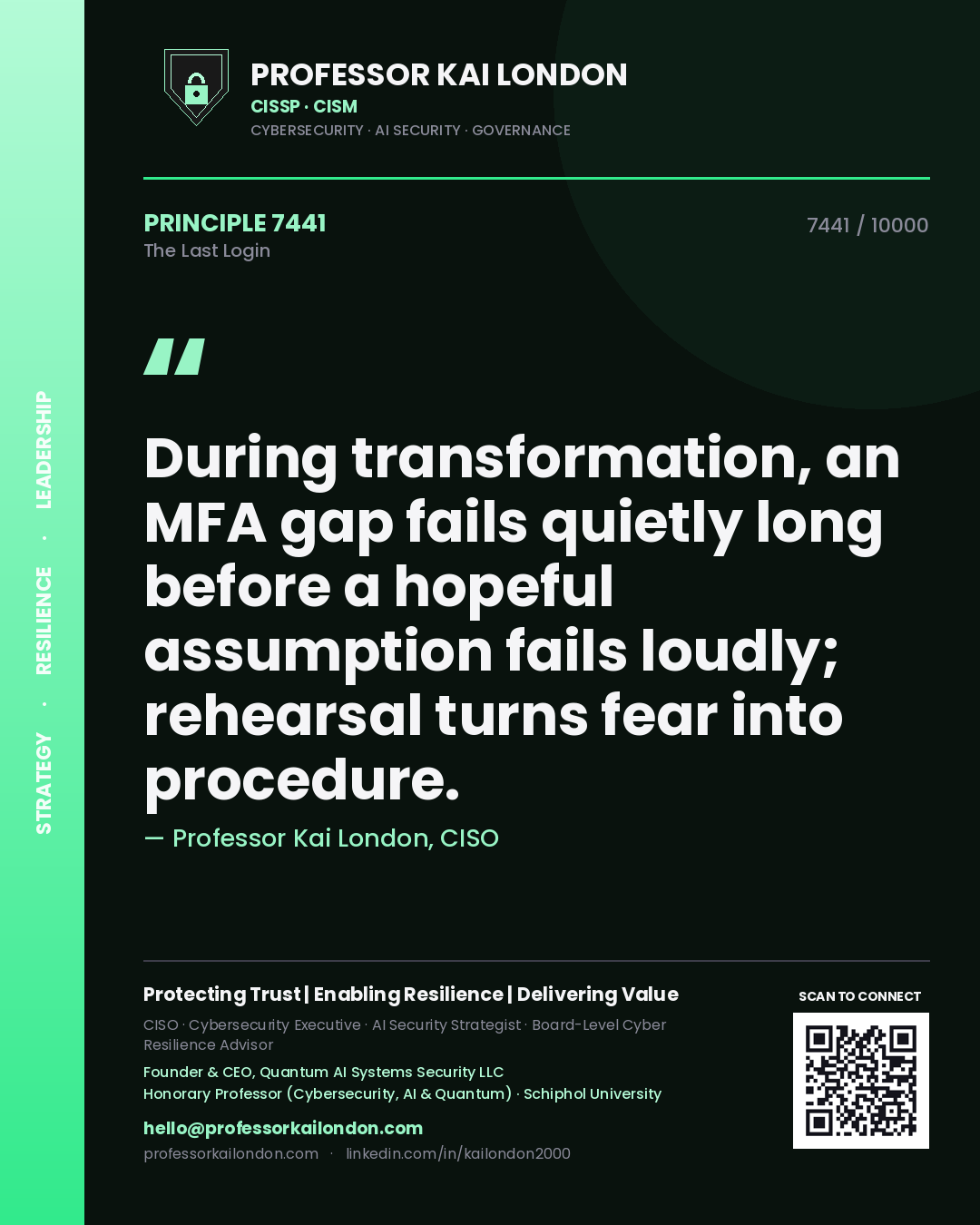 Professor Kai London principle 7441: During transformation, an MFA gap fails quietly long before a hopeful assumption fails loudly; rehearsal turns fear into procedure.