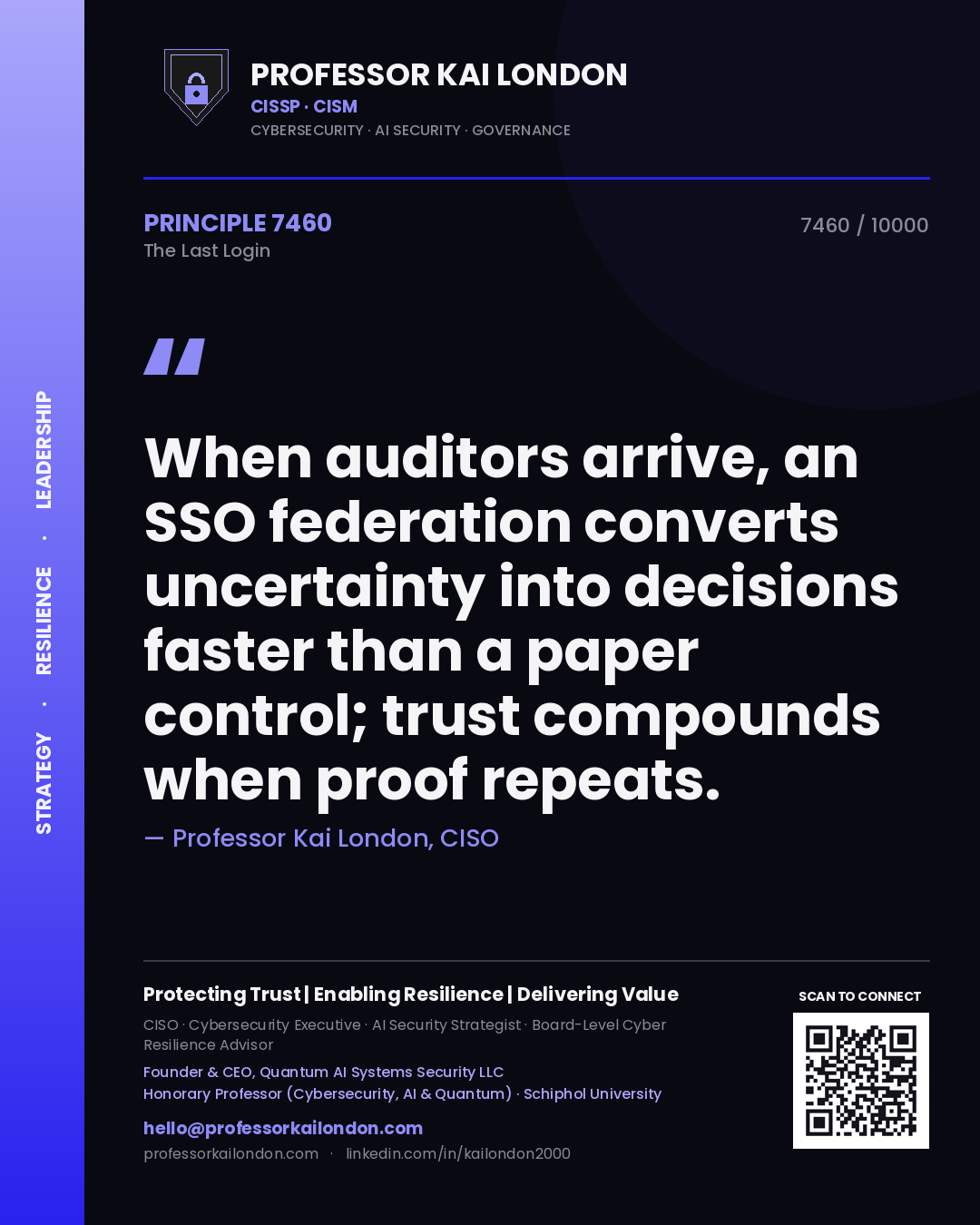 Professor Kai London principle 7460: When auditors arrive, an SSO federation converts uncertainty into decisions faster than a paper control; trust compounds when proof repeats.