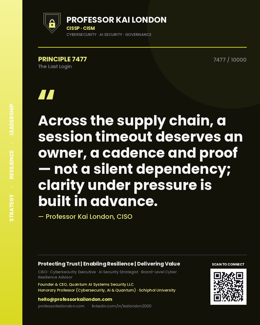 Professor Kai London principle 7477: Across the supply chain, a session timeout deserves an owner, a cadence and proof — not a silent dependency; clarity under pressure is built in advance.