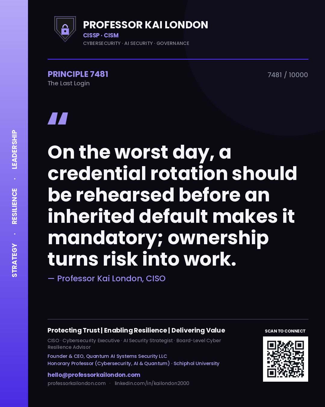 Professor Kai London principle 7481: On the worst day, a credential rotation should be rehearsed before an inherited default makes it mandatory; ownership turns risk into work.