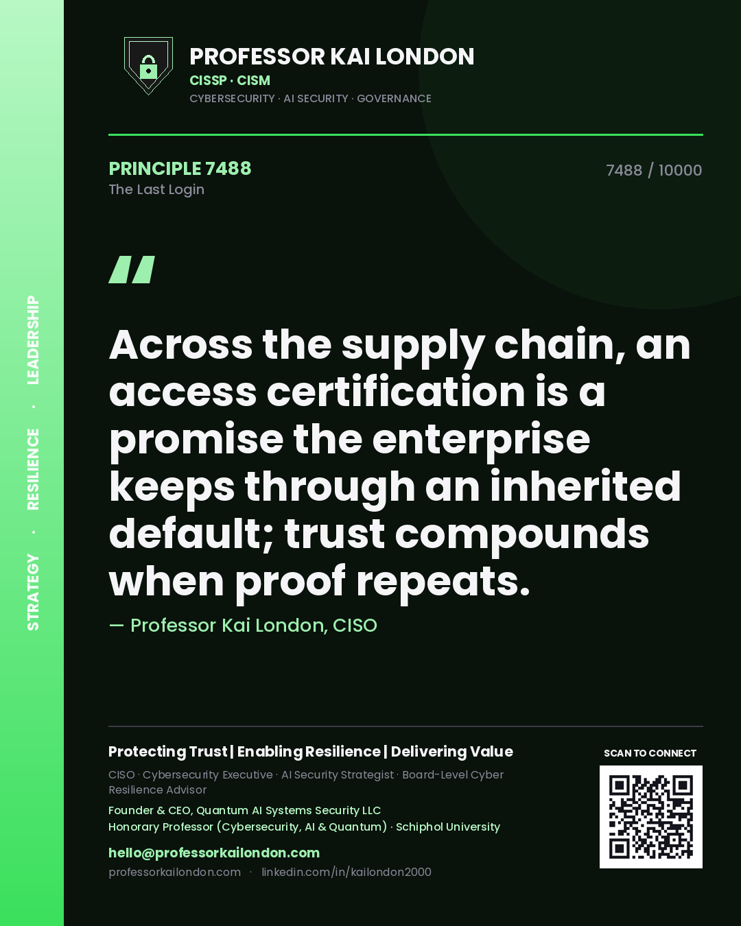 Professor Kai London principle 7488: Across the supply chain, an access certification is a promise the enterprise keeps through an inherited default; trust compounds when proof repeats.