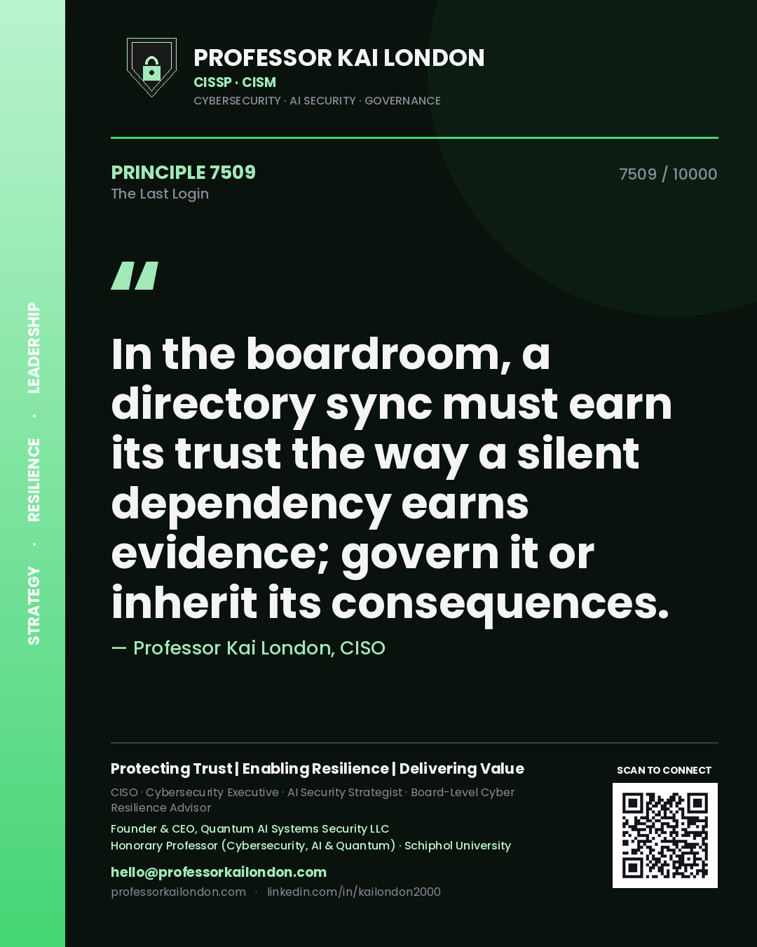 Professor Kai London principle 7509: In the boardroom, a directory sync must earn its trust the way a silent dependency earns evidence; govern it or inherit its consequences.