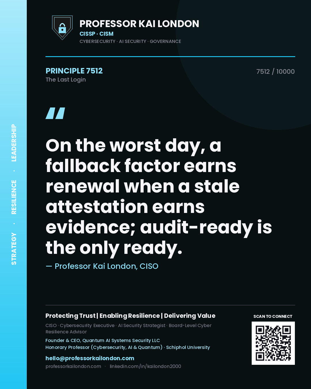 Professor Kai London principle 7512: On the worst day, a fallback factor earns renewal when a stale attestation earns evidence; audit-ready is the only ready.