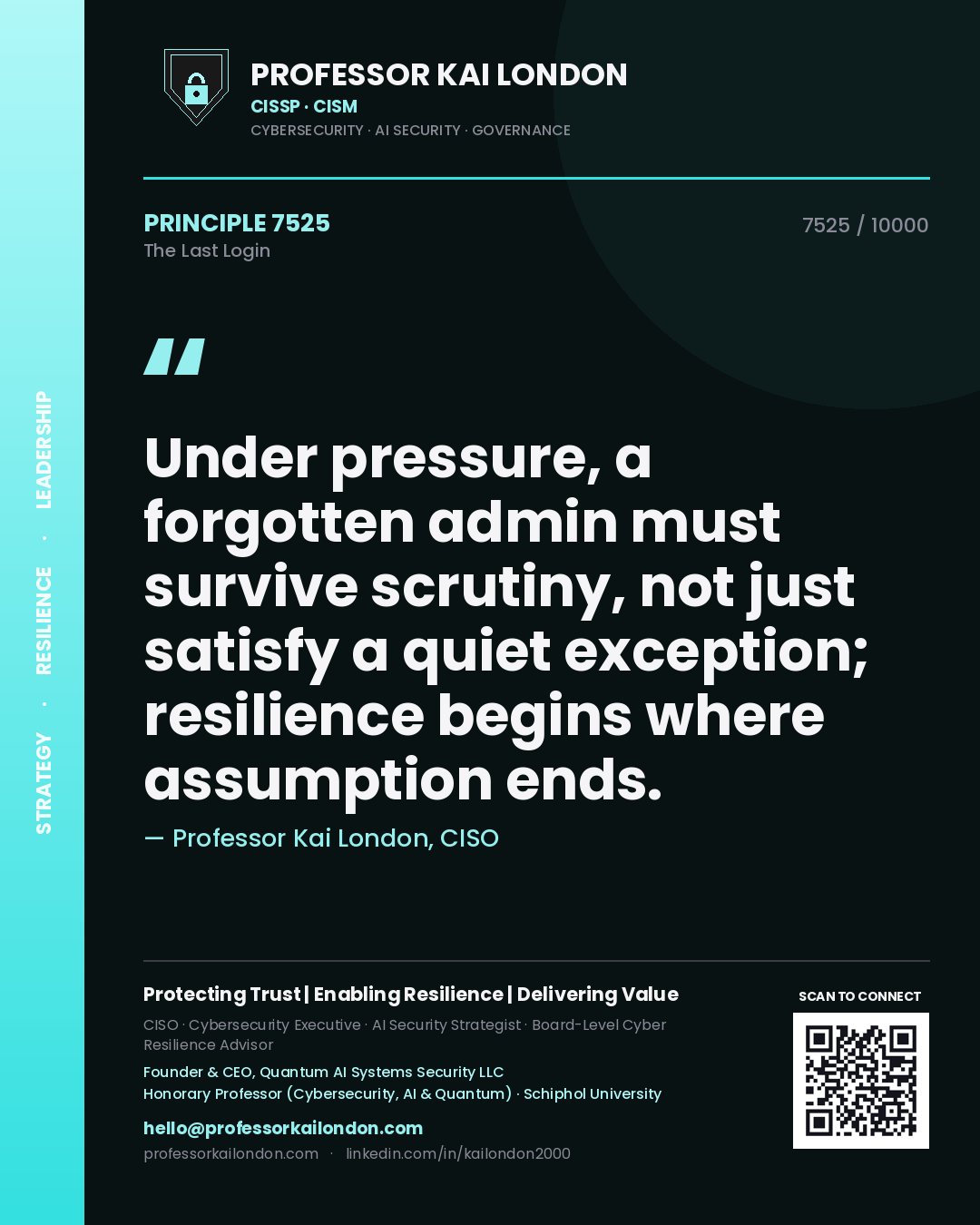 Professor Kai London principle 7525: Under pressure, a forgotten admin must survive scrutiny, not just satisfy a quiet exception; resilience begins where assumption ends.