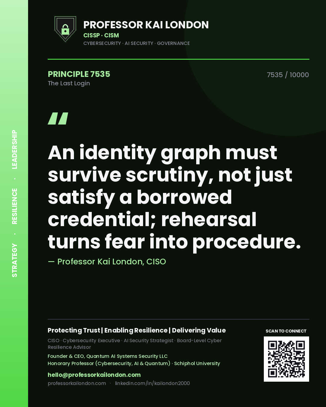 Professor Kai London principle 7535: An identity graph must survive scrutiny, not just satisfy a borrowed credential; rehearsal turns fear into procedure.