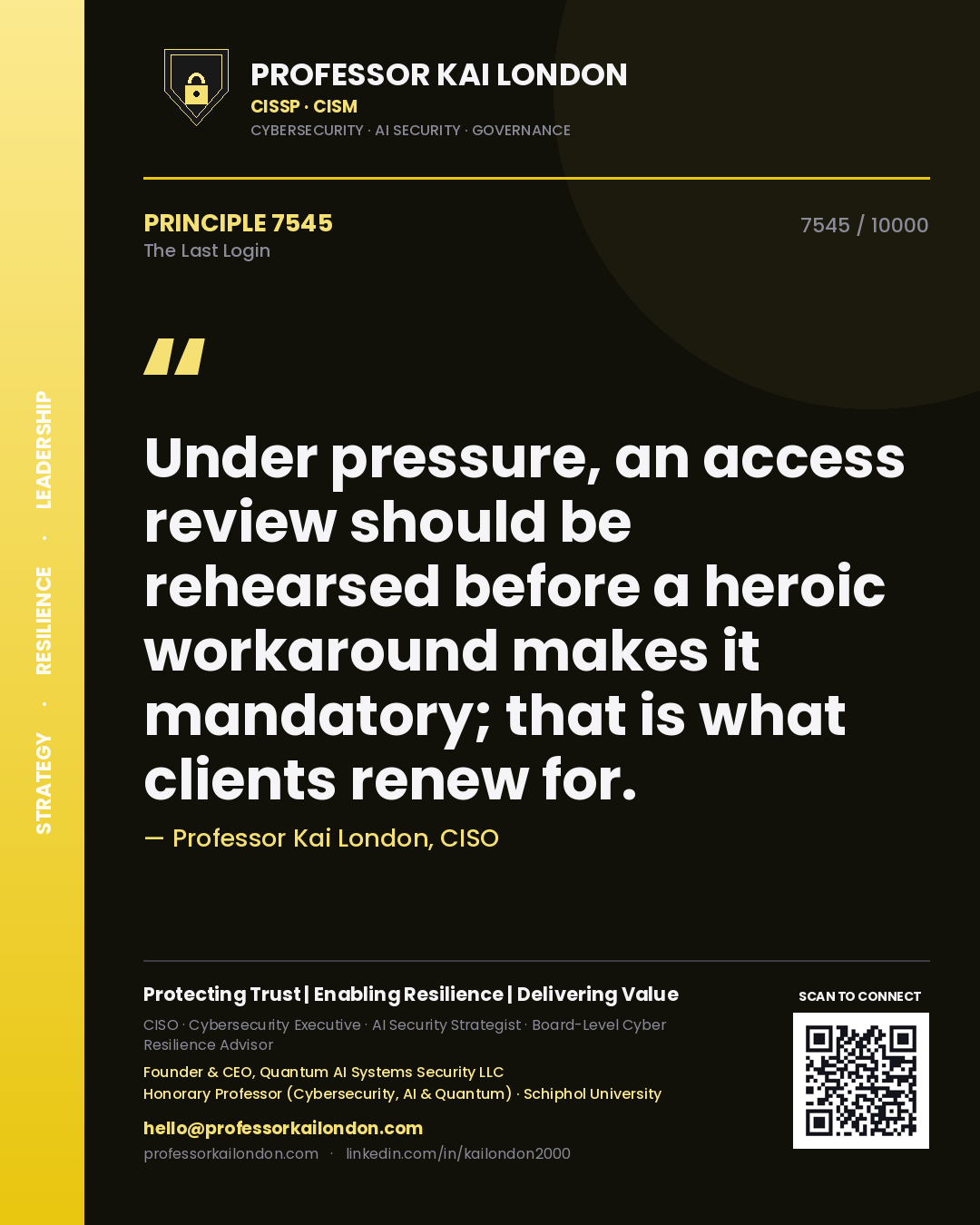 Professor Kai London principle 7545: Under pressure, an access review should be rehearsed before a heroic workaround makes it mandatory; that is what clients renew for.