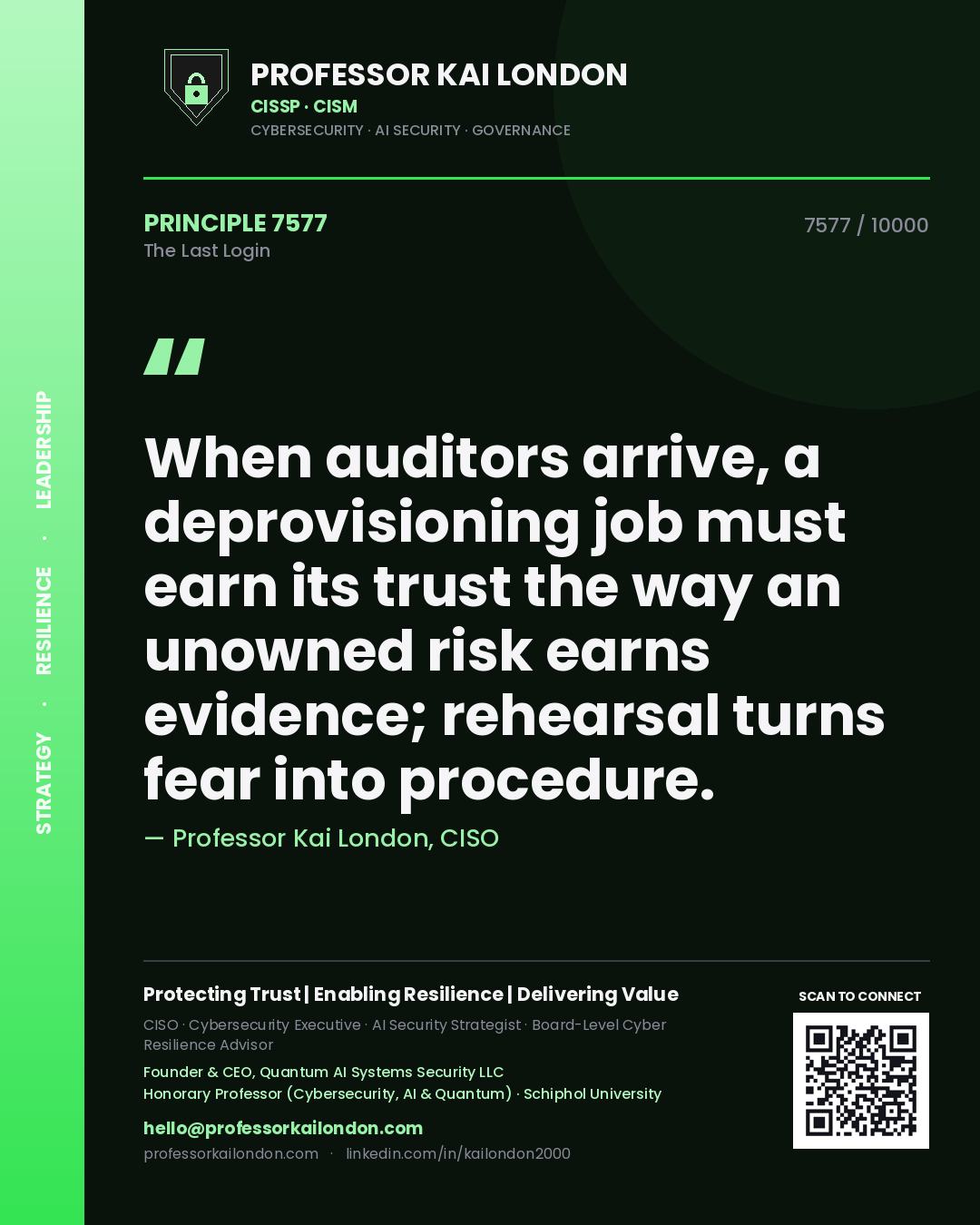 Professor Kai London principle 7577: When auditors arrive, a deprovisioning job must earn its trust the way an unowned risk earns evidence; rehearsal turns fear into procedure.