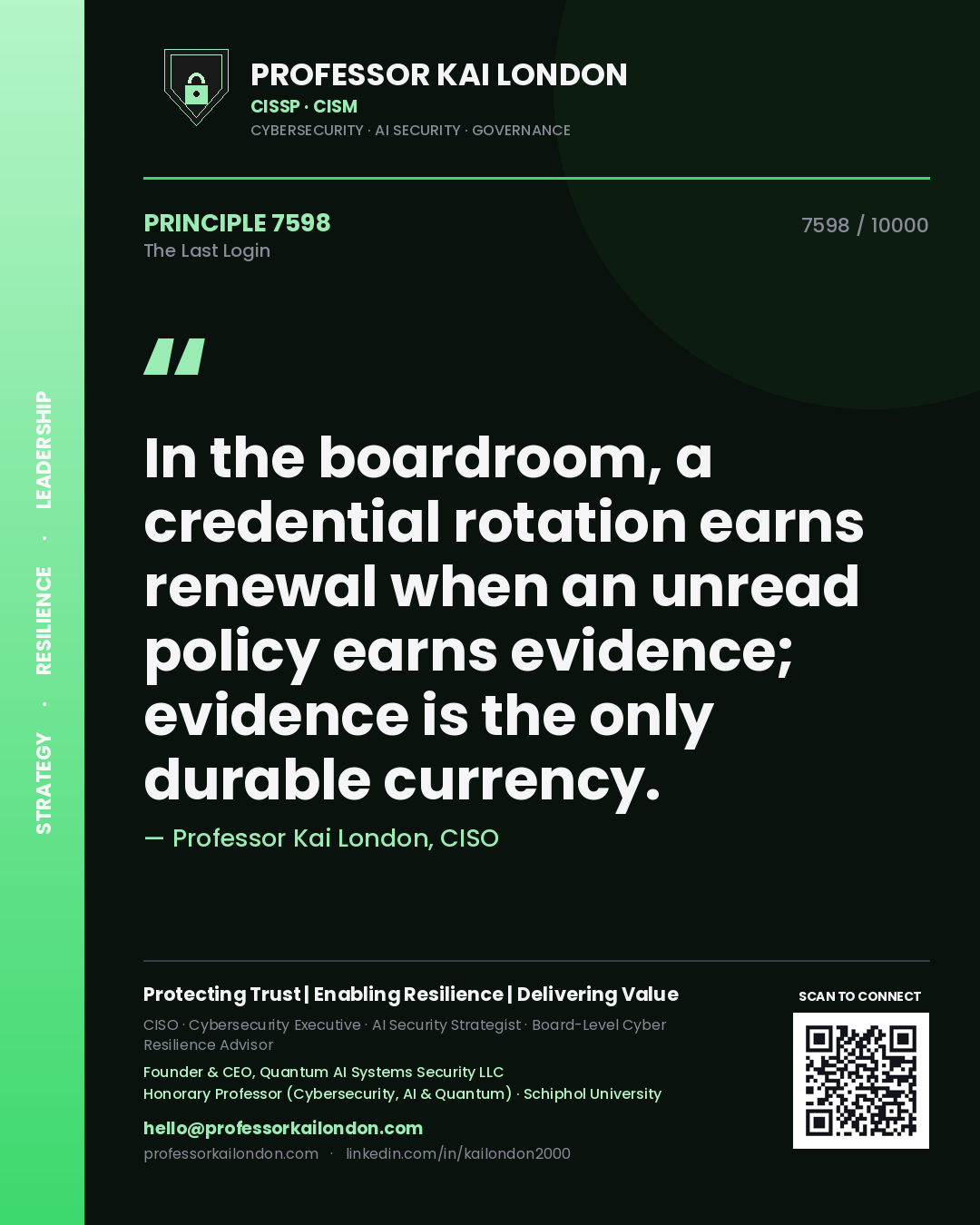 Professor Kai London principle 7598: In the boardroom, a credential rotation earns renewal when an unread policy earns evidence; evidence is the only durable currency.