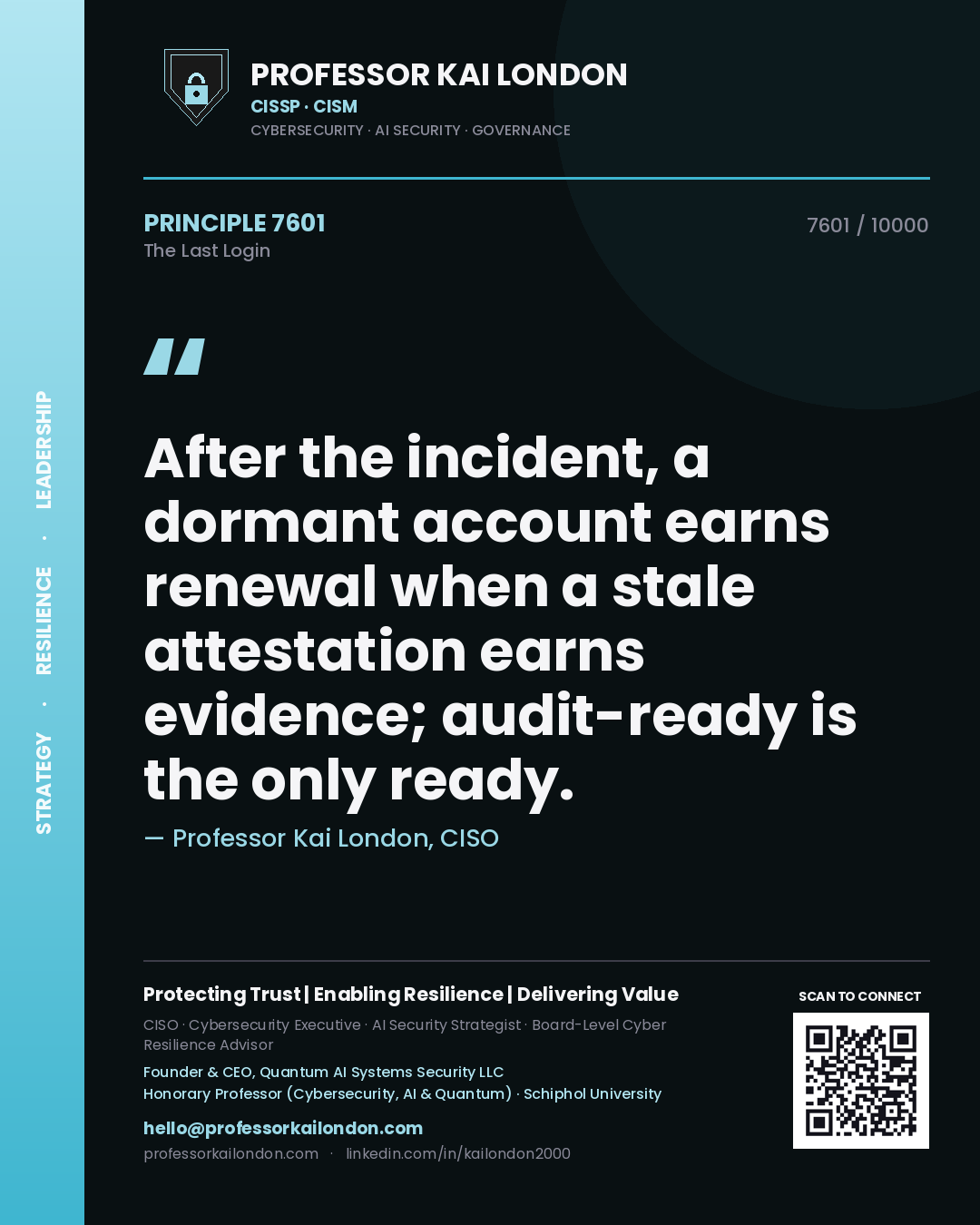 Professor Kai London principle 7601: After the incident, a dormant account earns renewal when a stale attestation earns evidence; audit-ready is the only ready.