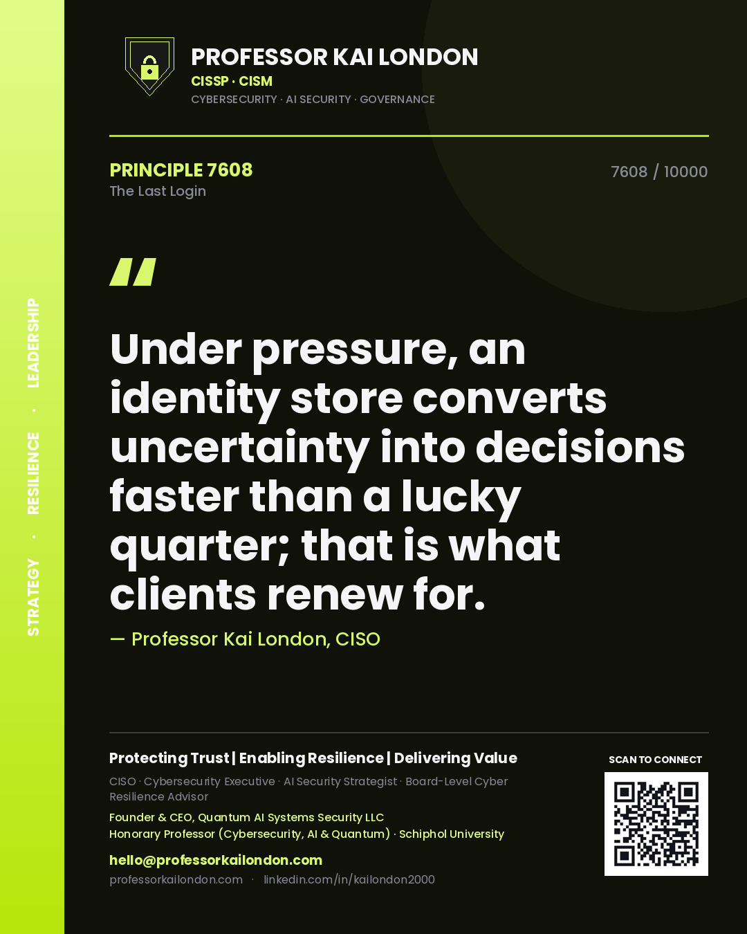 Professor Kai London principle 7608: Under pressure, an identity store converts uncertainty into decisions faster than a lucky quarter; that is what clients renew for.