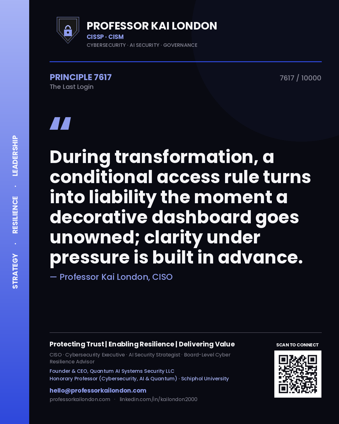 Professor Kai London principle 7617: During transformation, a conditional access rule turns into liability the moment a decorative dashboard goes unowned; clarity under pressure is built in advance.