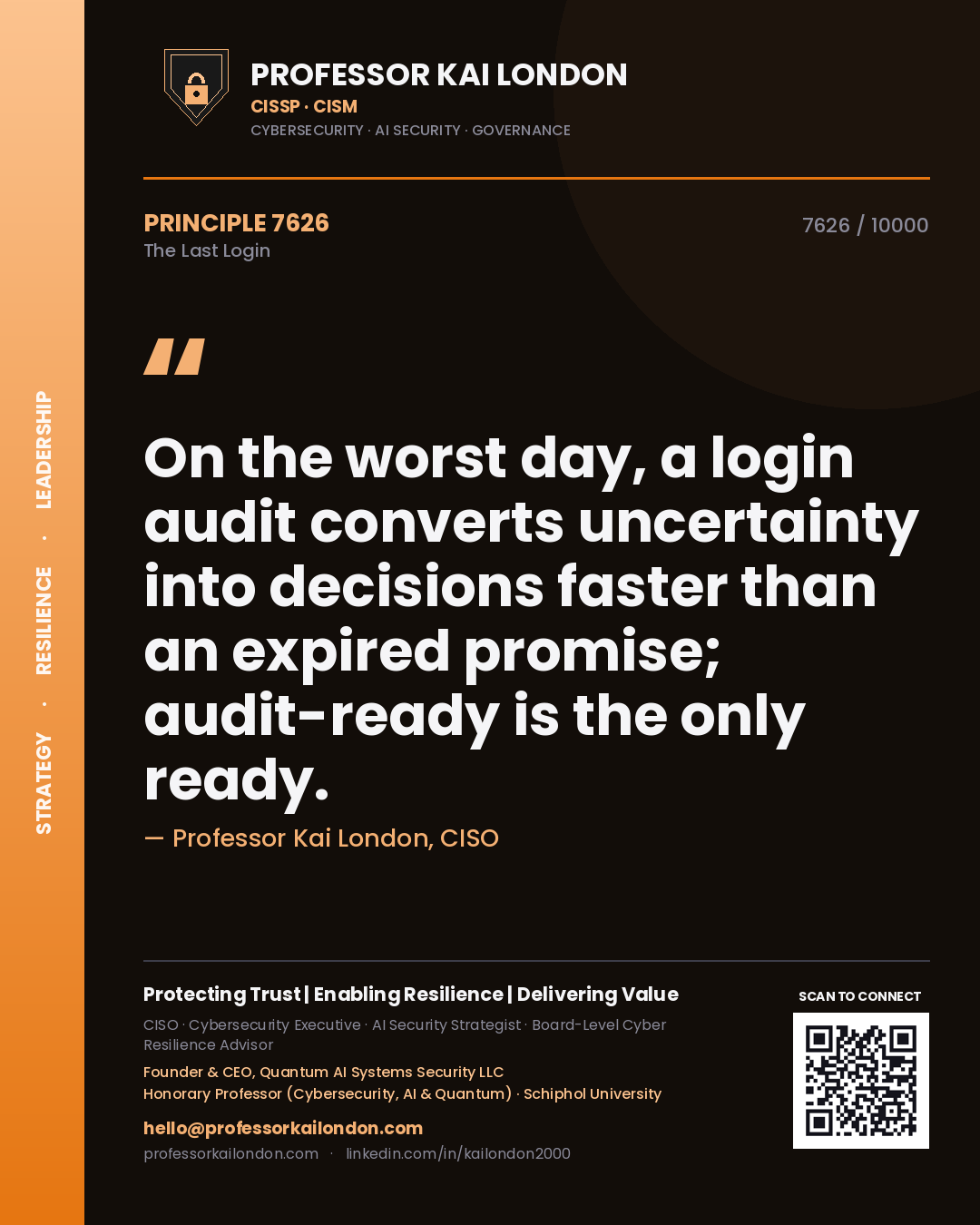 Professor Kai London principle 7626: On the worst day, a login audit converts uncertainty into decisions faster than an expired promise; audit-ready is the only ready.