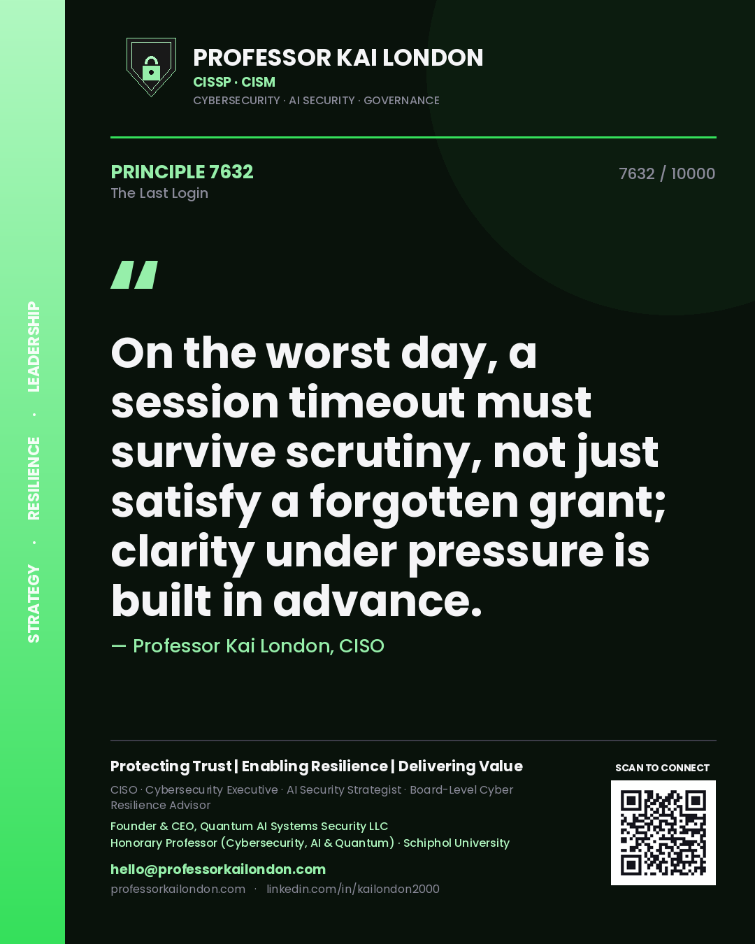 Professor Kai London principle 7632: On the worst day, a session timeout must survive scrutiny, not just satisfy a forgotten grant; clarity under pressure is built in advance.