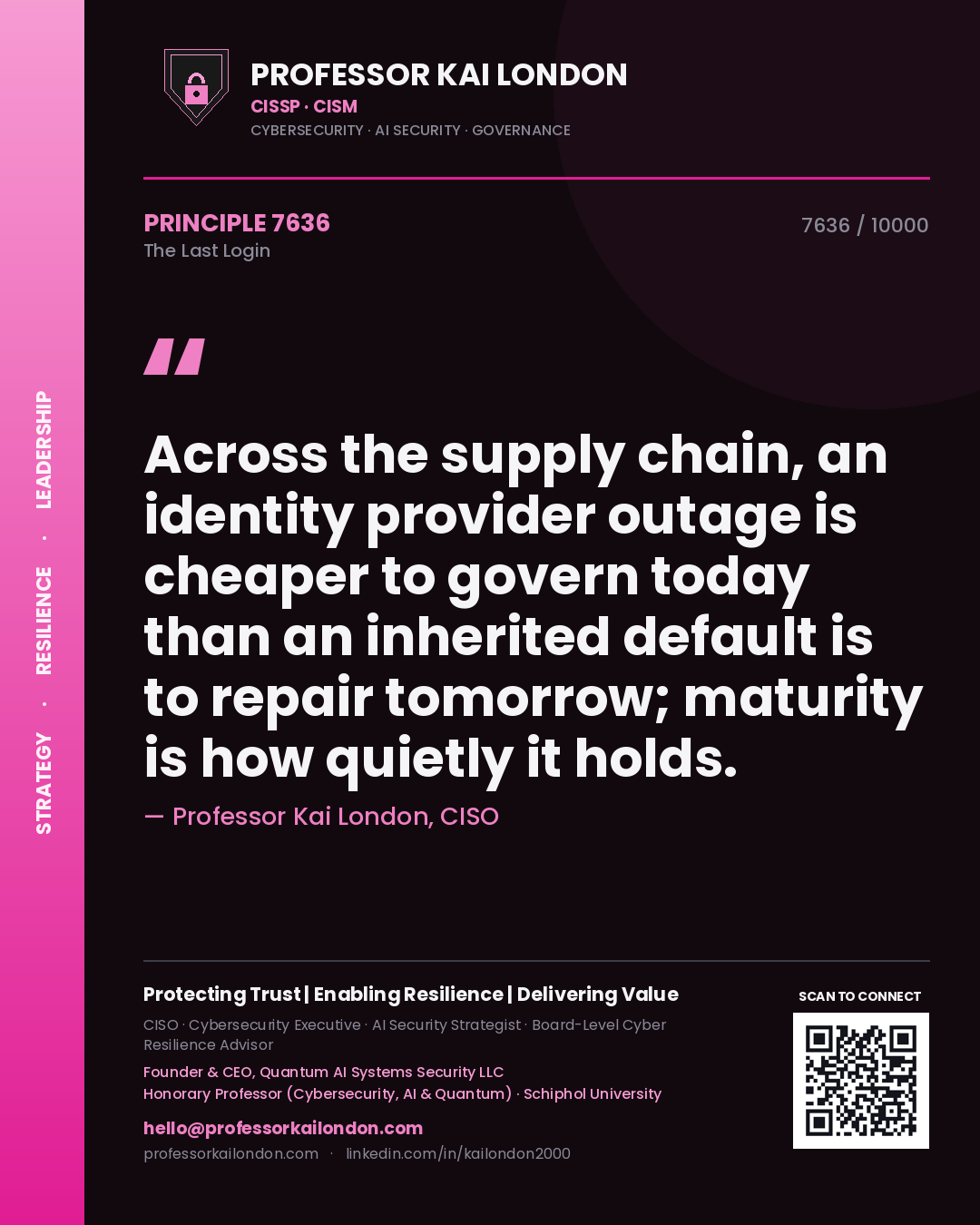 Professor Kai London principle 7636: Across the supply chain, an identity provider outage is cheaper to govern today than an inherited default is to repair tomorrow; maturity is how quietly it holds.