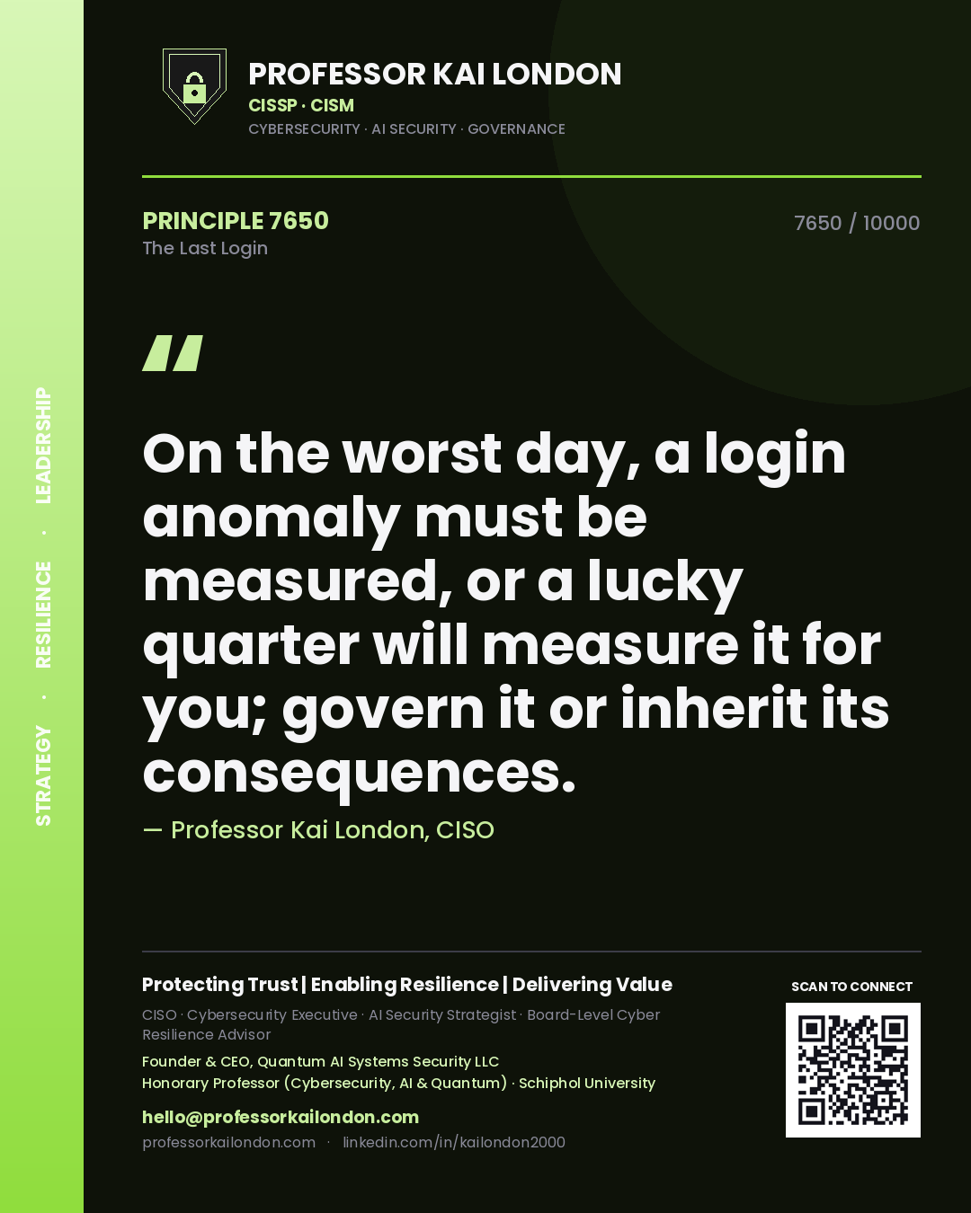 Professor Kai London principle 7650: On the worst day, a login anomaly must be measured, or a lucky quarter will measure it for you; govern it or inherit its consequences.