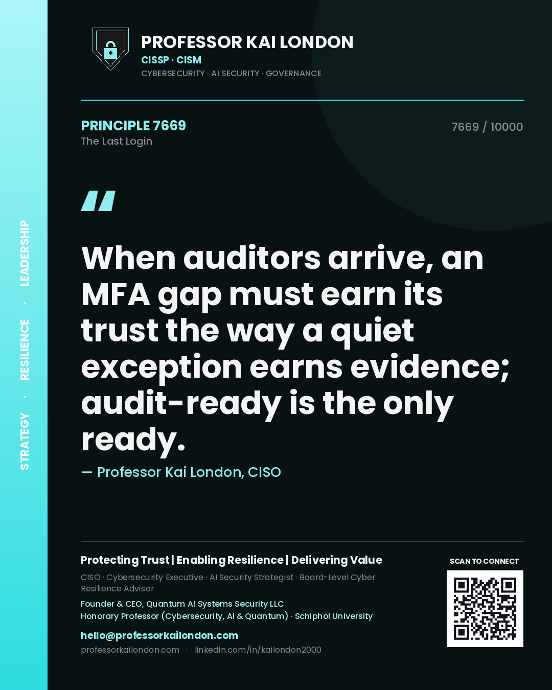 Professor Kai London principle 7669: When auditors arrive, an MFA gap must earn its trust the way a quiet exception earns evidence; audit-ready is the only ready.
