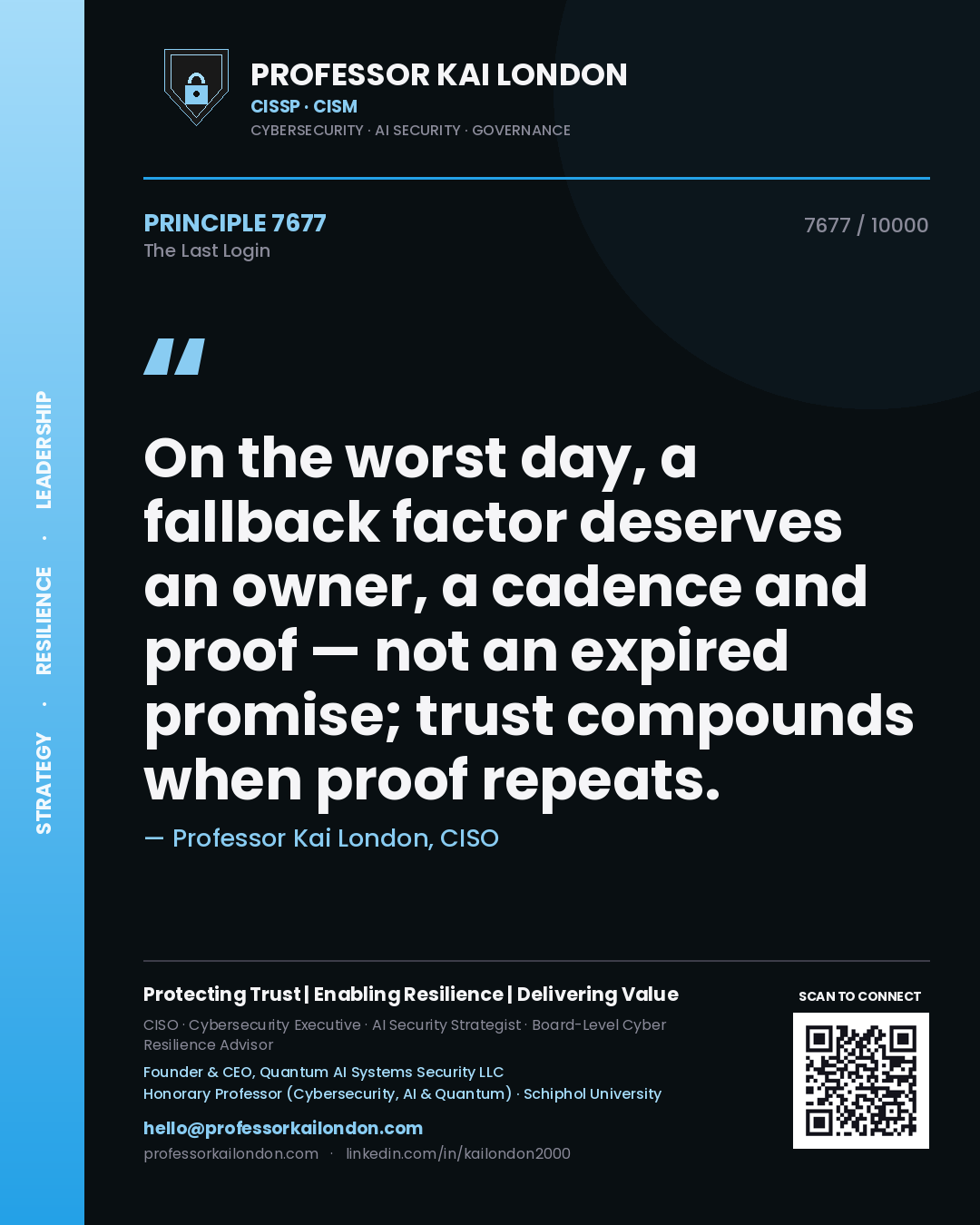 Professor Kai London principle 7677: On the worst day, a fallback factor deserves an owner, a cadence and proof — not an expired promise; trust compounds when proof repeats.