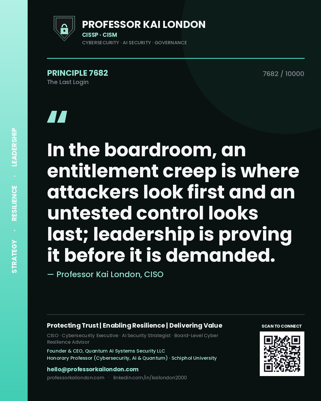 Professor Kai London principle 7682: In the boardroom, an entitlement creep is where attackers look first and an untested control looks last; leadership is proving it before it is demanded.