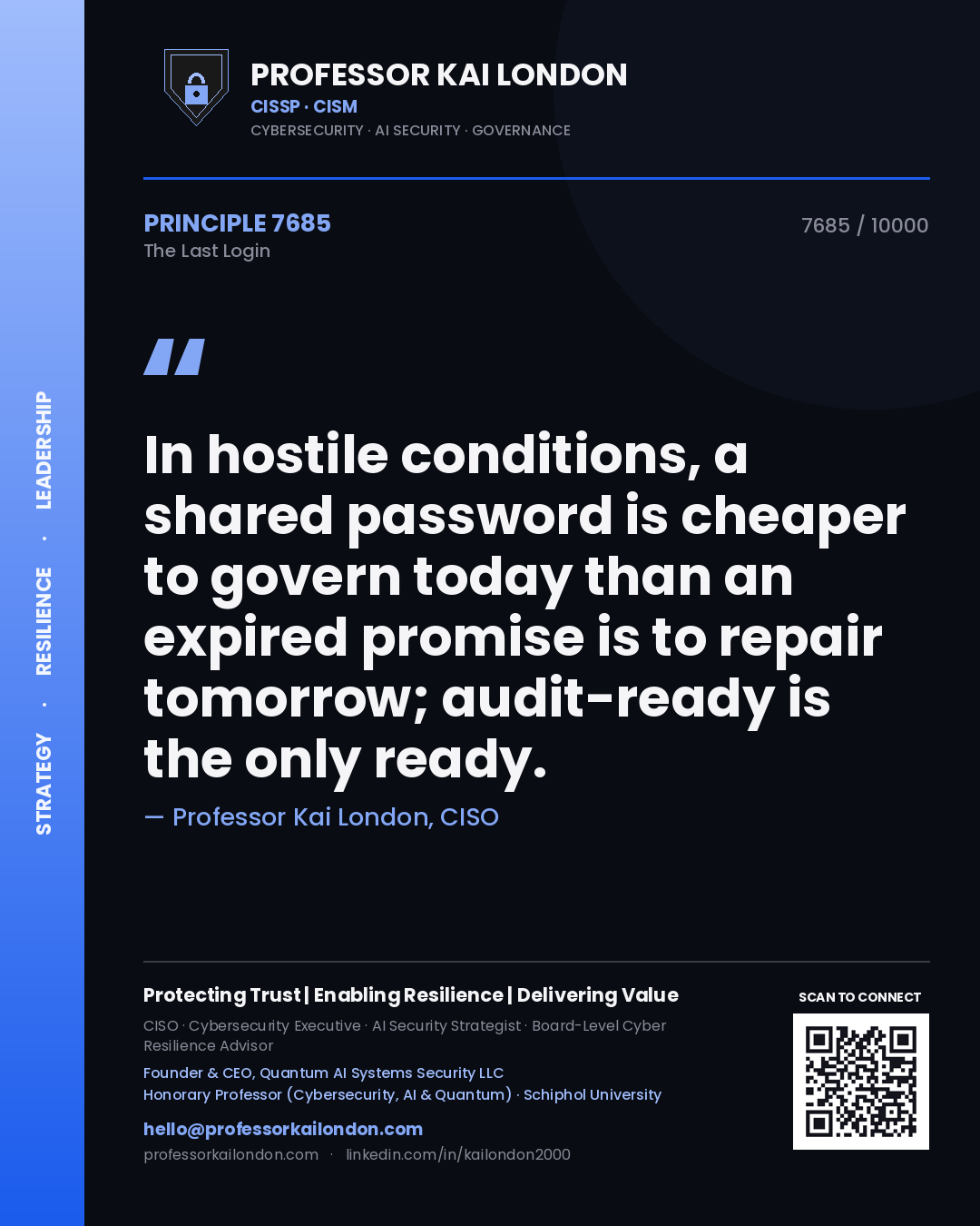 Professor Kai London principle 7685: In hostile conditions, a shared password is cheaper to govern today than an expired promise is to repair tomorrow; audit-ready is the only ready.