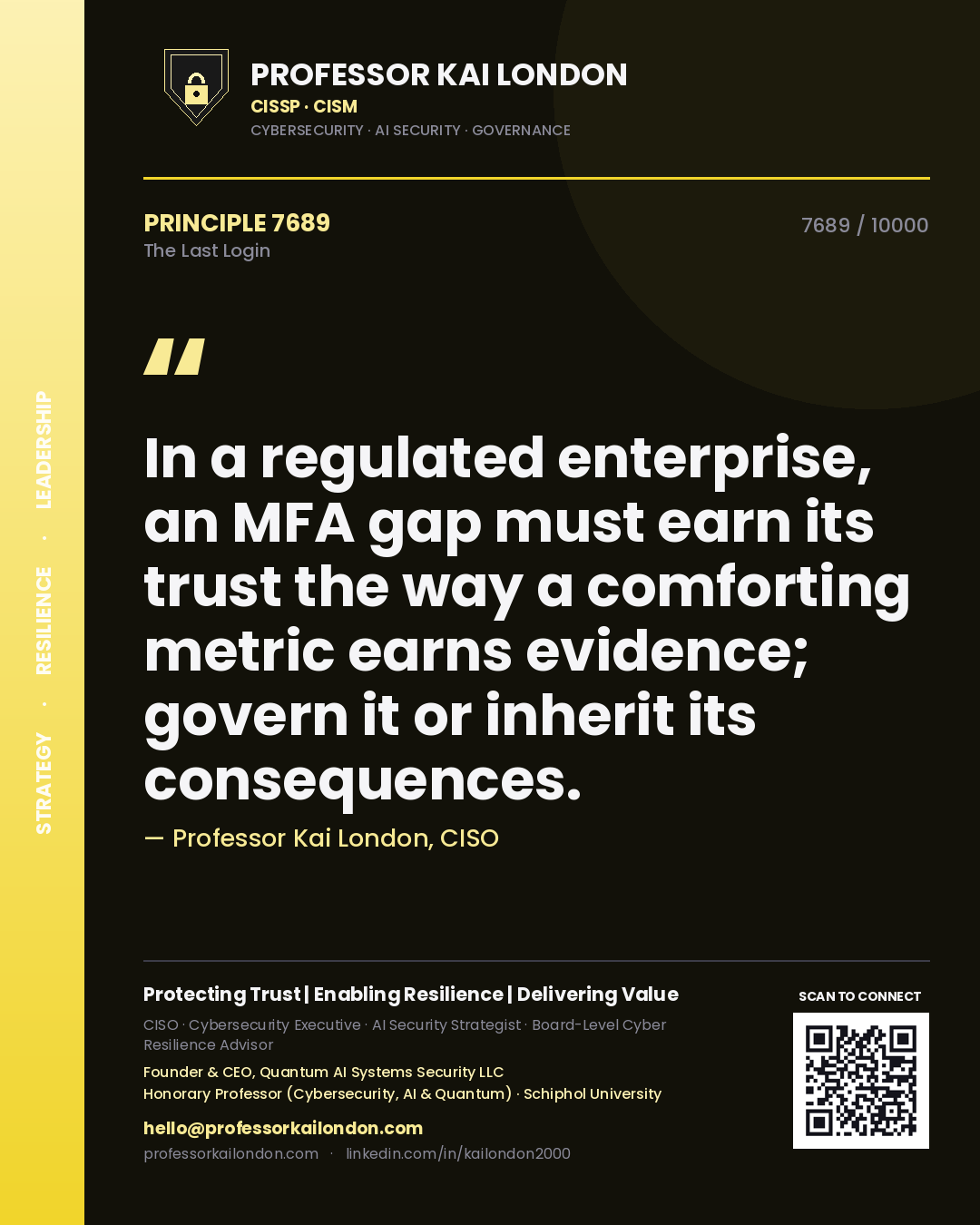 Professor Kai London principle 7689: In a regulated enterprise, an MFA gap must earn its trust the way a comforting metric earns evidence; govern it or inherit its consequences.