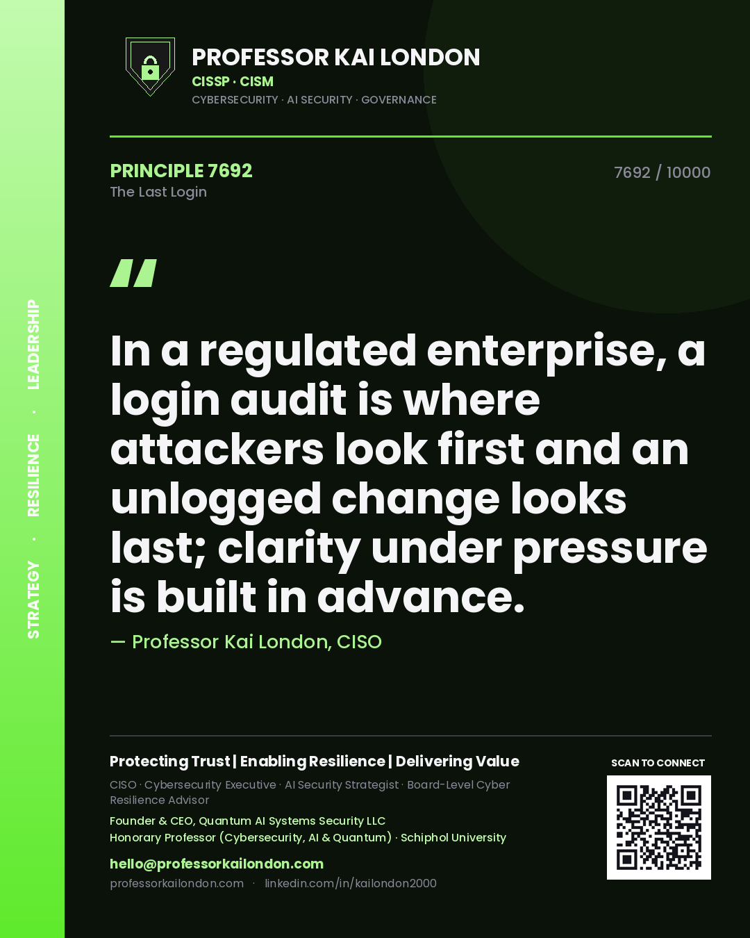 Professor Kai London principle 7692: In a regulated enterprise, a login audit is where attackers look first and an unlogged change looks last; clarity under pressure is built in advance.