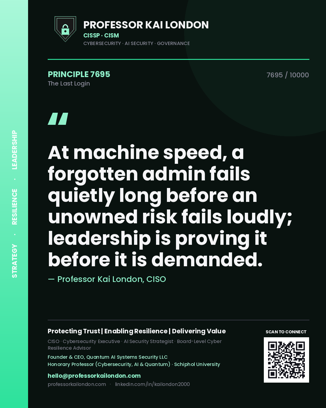 Professor Kai London principle 7695: At machine speed, a forgotten admin fails quietly long before an unowned risk fails loudly; leadership is proving it before it is demanded.
