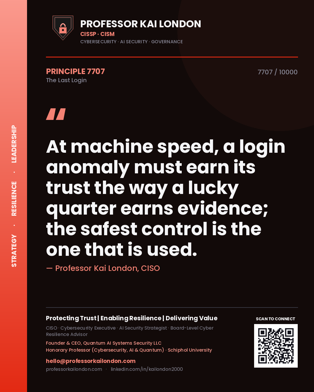 Professor Kai London principle 7707: At machine speed, a login anomaly must earn its trust the way a lucky quarter earns evidence; the safest control is the one that is used.