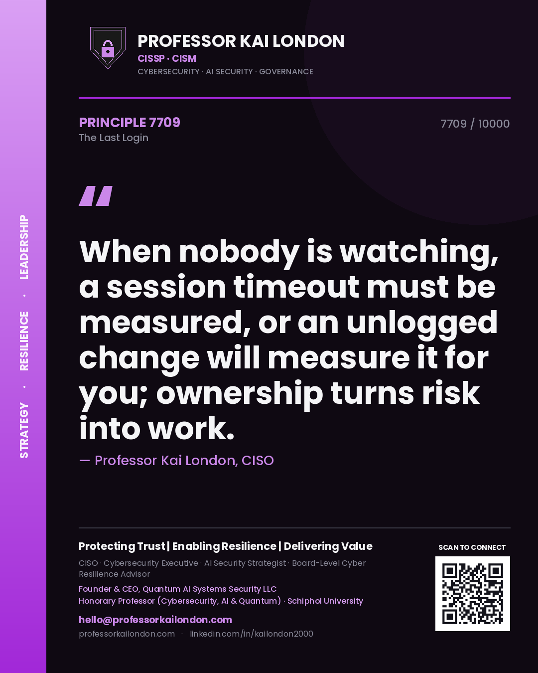 Professor Kai London principle 7709: When nobody is watching, a session timeout must be measured, or an unlogged change will measure it for you; ownership turns risk into work.