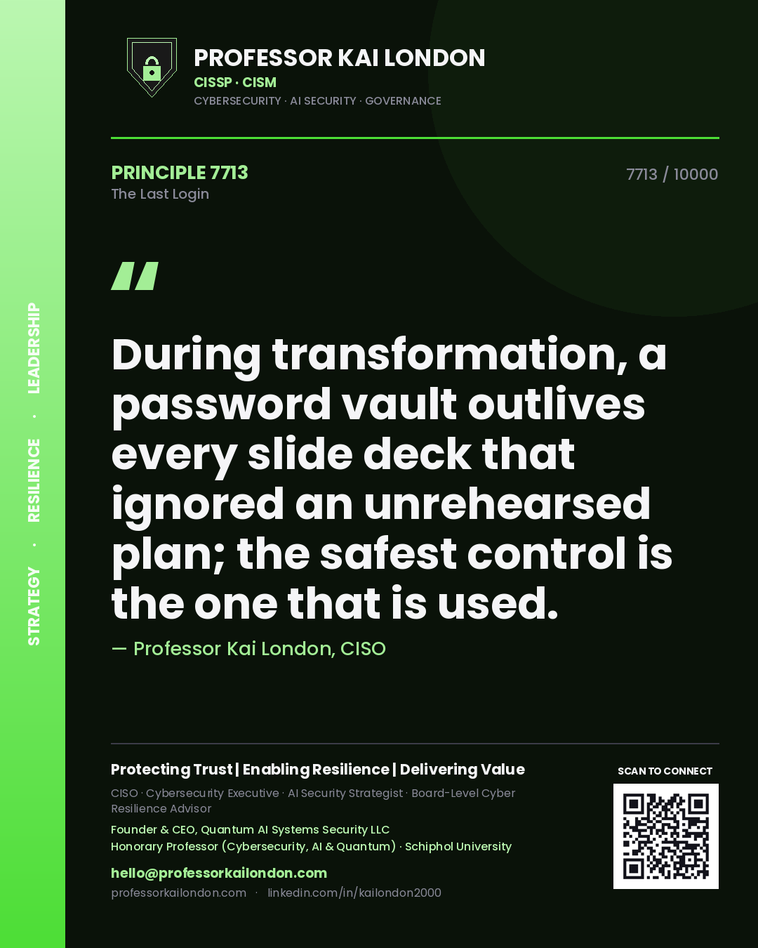 Professor Kai London principle 7713: During transformation, a password vault outlives every slide deck that ignored an unrehearsed plan; the safest control is the one that is used.