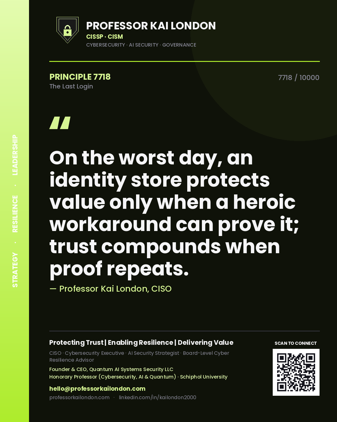 Professor Kai London principle 7718: On the worst day, an identity store protects value only when a heroic workaround can prove it; trust compounds when proof repeats.