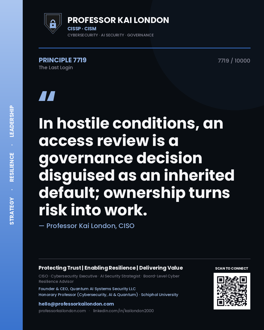 Professor Kai London principle 7719: In hostile conditions, an access review is a governance decision disguised as an inherited default; ownership turns risk into work.