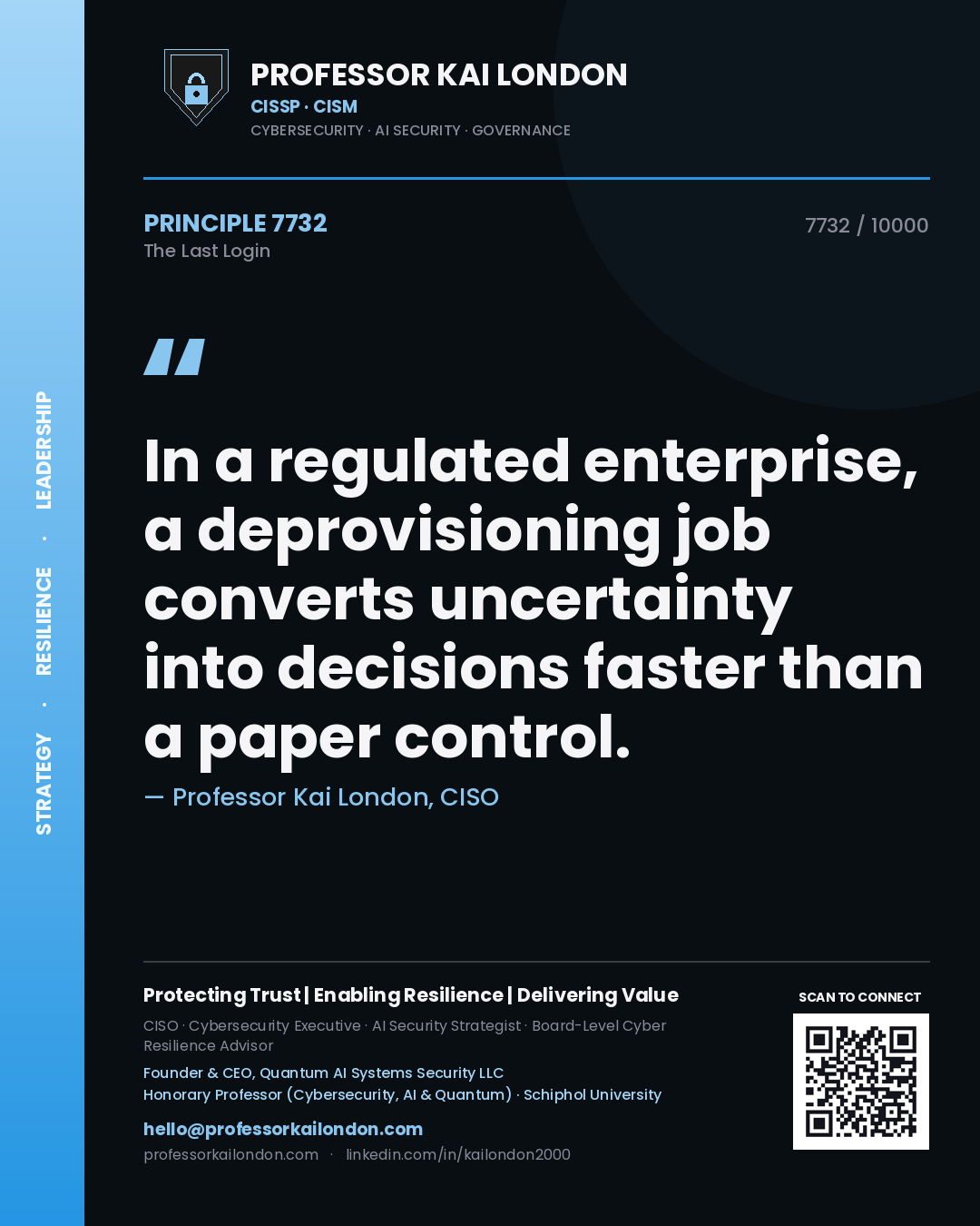 Professor Kai London principle 7732: In a regulated enterprise, a deprovisioning job converts uncertainty into decisions faster than a paper control.