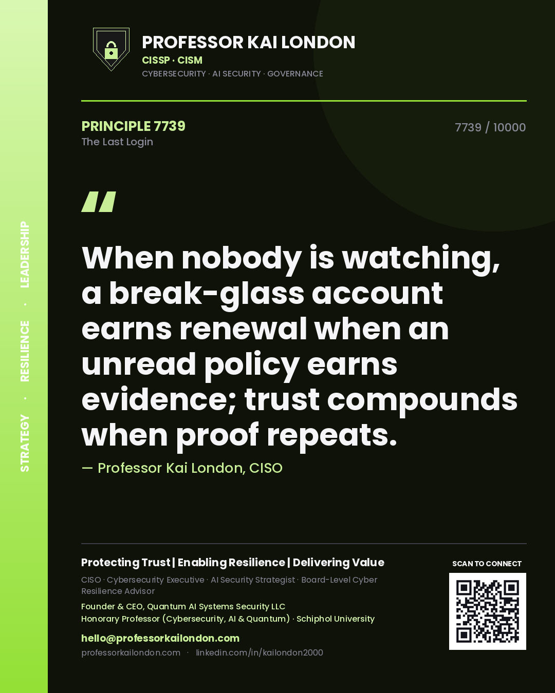 Professor Kai London principle 7739: When nobody is watching, a break-glass account earns renewal when an unread policy earns evidence; trust compounds when proof repeats.