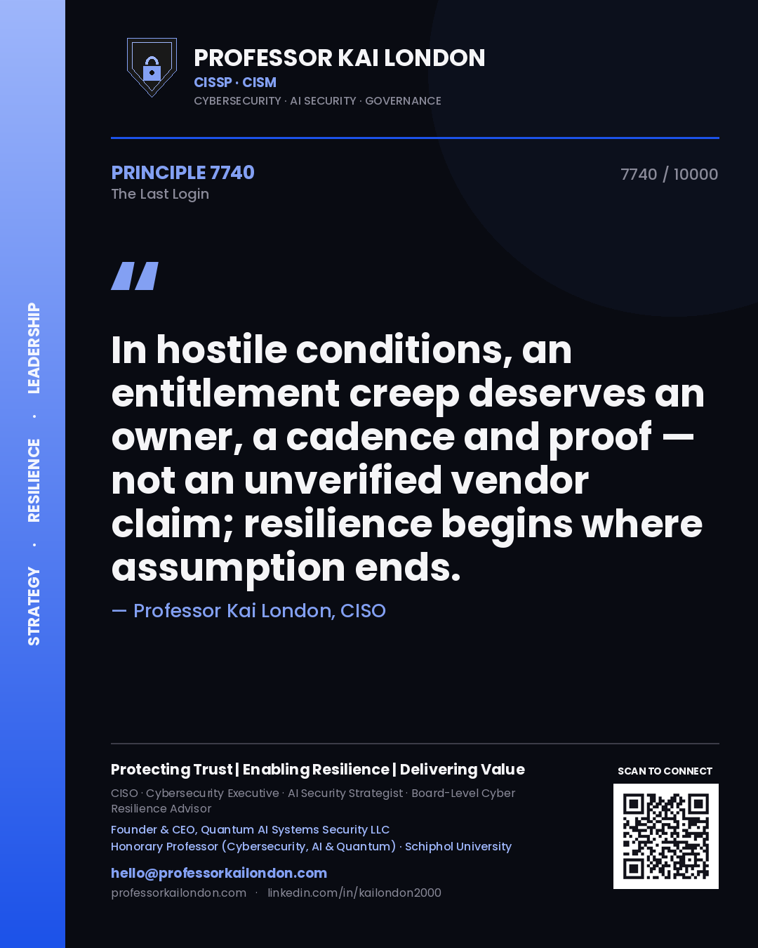 Professor Kai London principle 7740: In hostile conditions, an entitlement creep deserves an owner, a cadence and proof — not an unverified vendor claim; resilience begins where assumption ends.