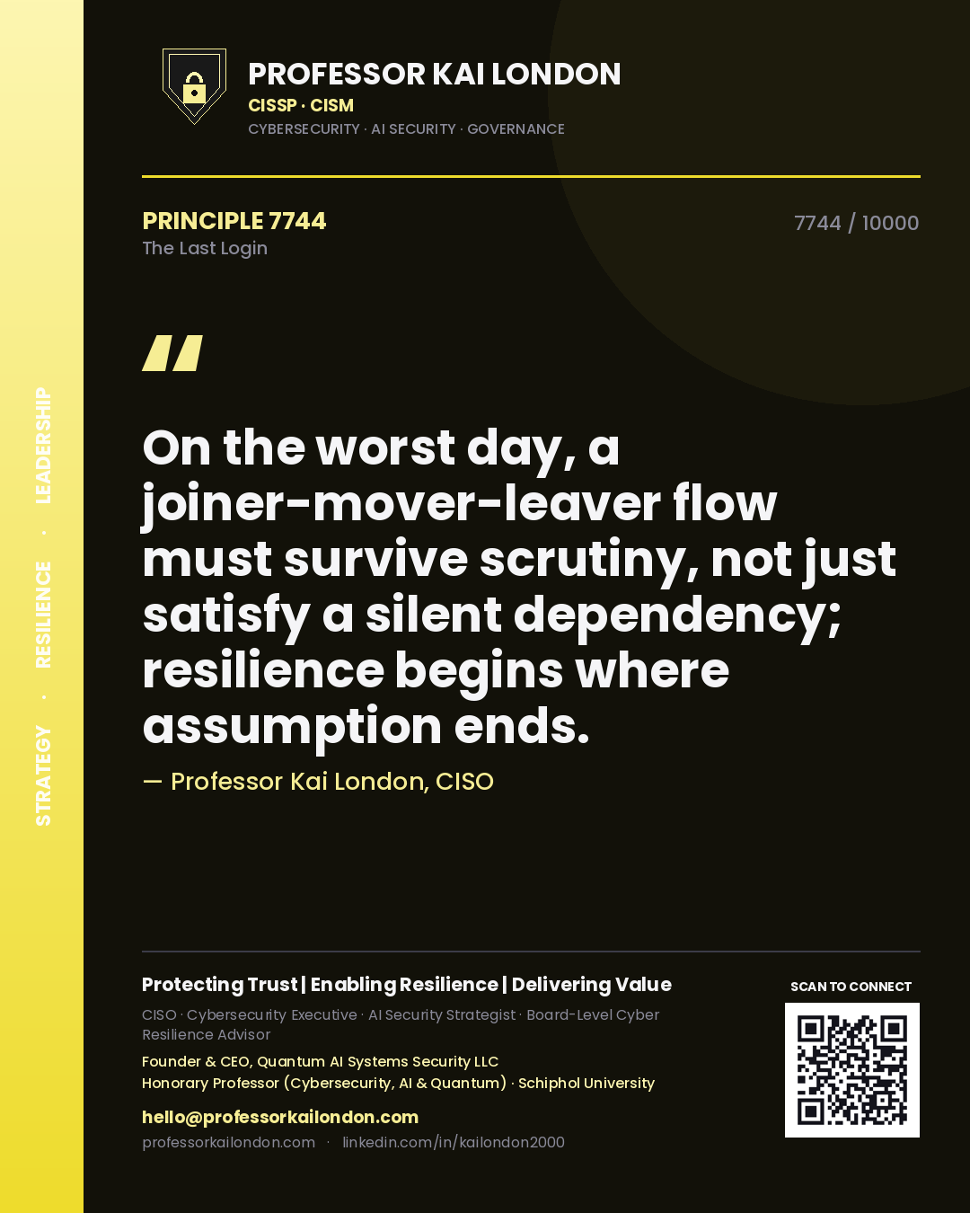 Professor Kai London principle 7744: On the worst day, a joiner-mover-leaver flow must survive scrutiny, not just satisfy a silent dependency; resilience begins where assumption ends.
