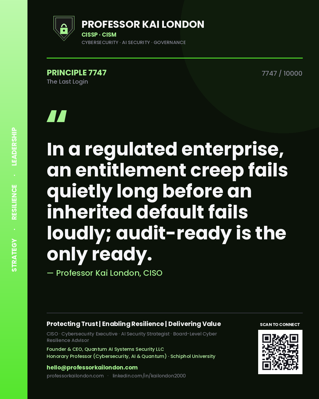 Professor Kai London principle 7747: In a regulated enterprise, an entitlement creep fails quietly long before an inherited default fails loudly; audit-ready is the only ready.