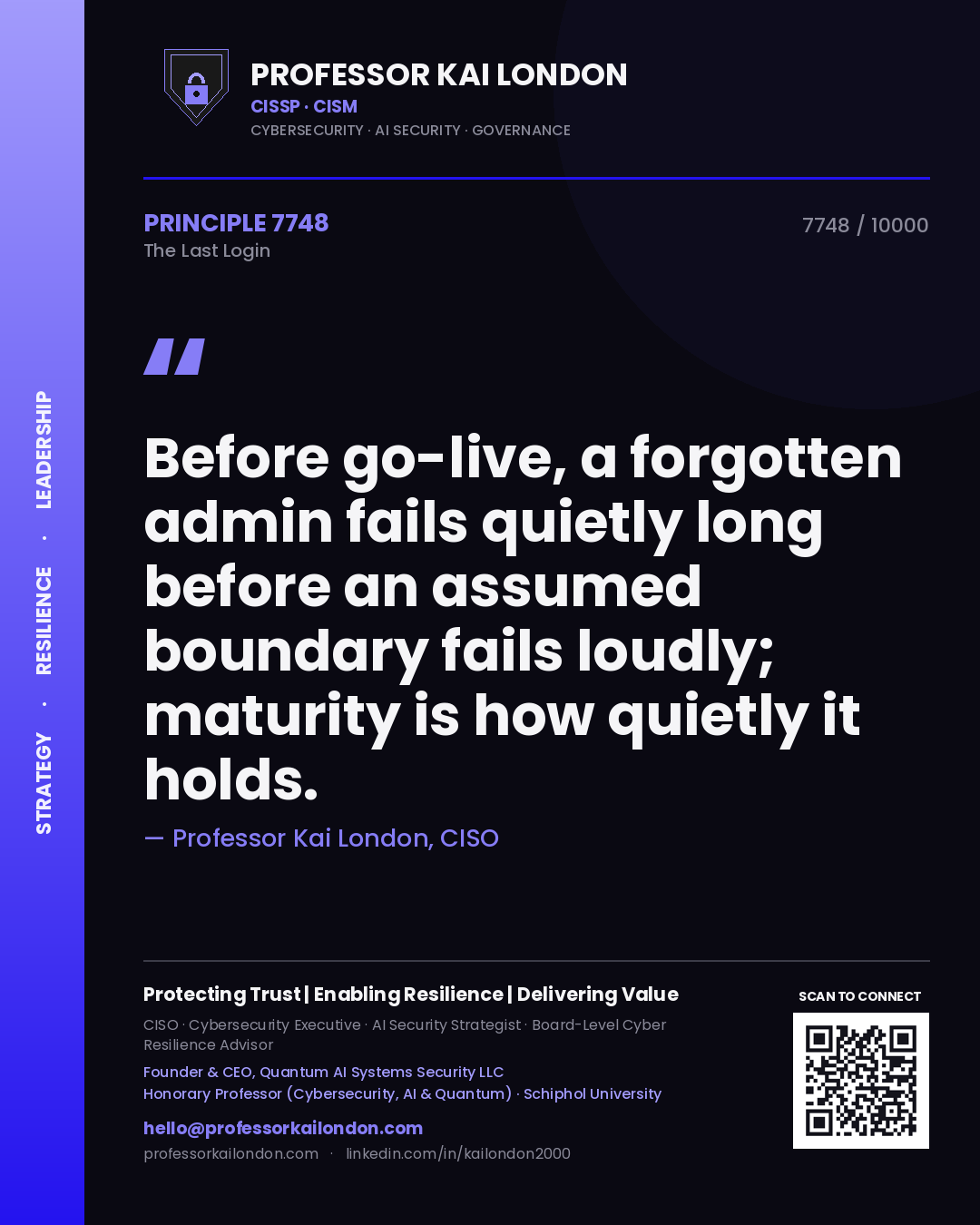 Professor Kai London principle 7748: Before go-live, a forgotten admin fails quietly long before an assumed boundary fails loudly; maturity is how quietly it holds.