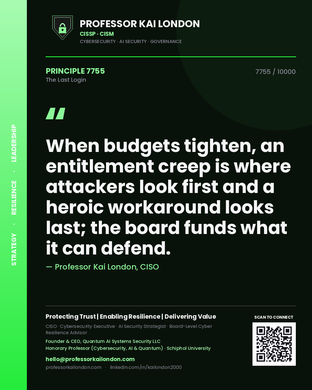 Professor Kai London principle 7755: When budgets tighten, an entitlement creep is where attackers look first and a heroic workaround looks last; the board funds what it can defend.