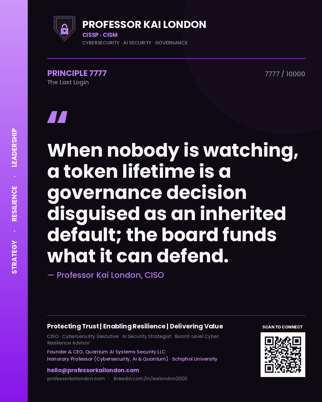 Professor Kai London principle 7777: When nobody is watching, a token lifetime is a governance decision disguised as an inherited default; the board funds what it can defend.