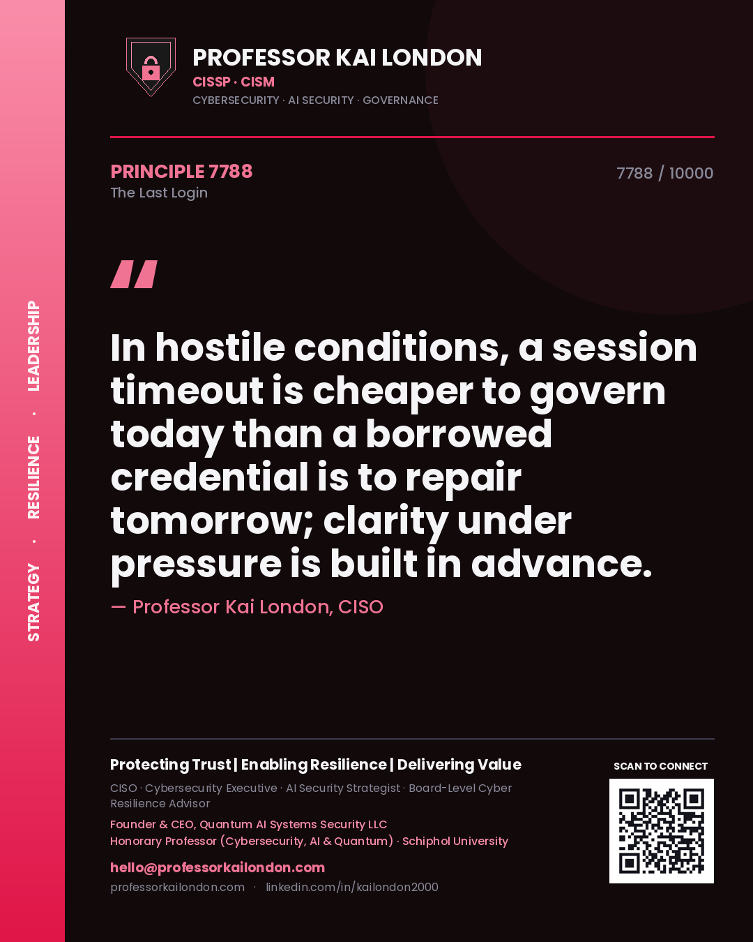 Professor Kai London principle 7788: In hostile conditions, a session timeout is cheaper to govern today than a borrowed credential is to repair tomorrow; clarity under pressure is built in advance.