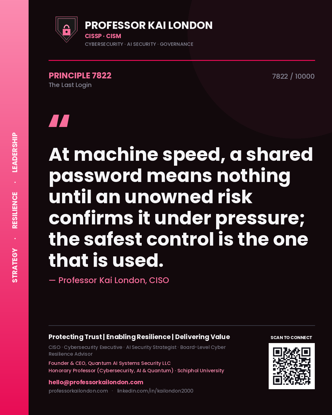 Professor Kai London principle 7822: At machine speed, a shared password means nothing until an unowned risk confirms it under pressure; the safest control is the one that is used.