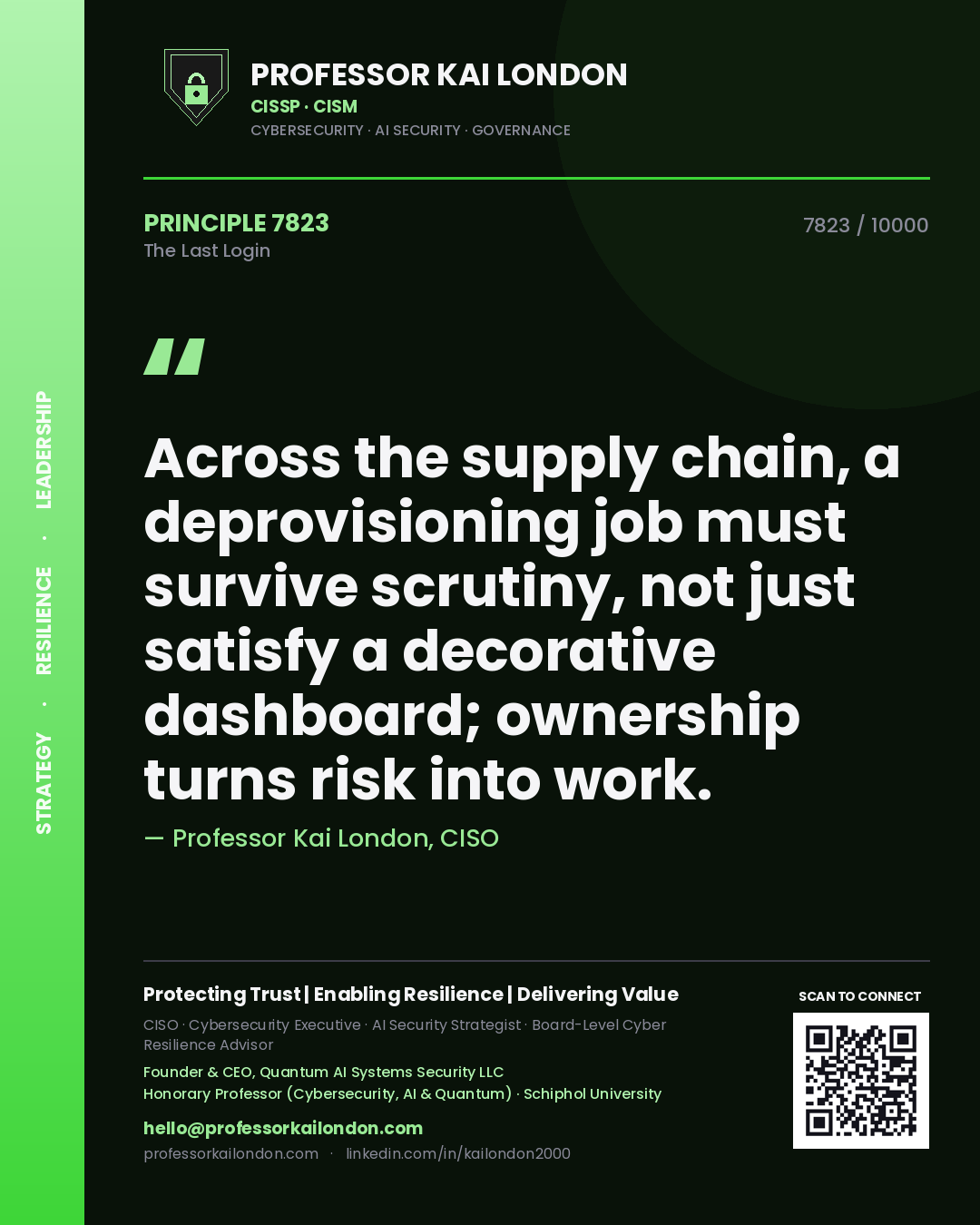 Professor Kai London principle 7823: Across the supply chain, a deprovisioning job must survive scrutiny, not just satisfy a decorative dashboard; ownership turns risk into work.
