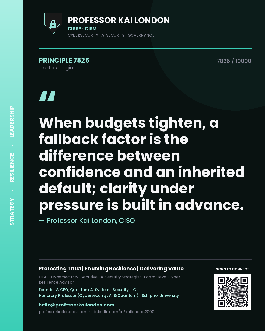 Professor Kai London principle 7826: When budgets tighten, a fallback factor is the difference between confidence and an inherited default; clarity under pressure is built in advance.