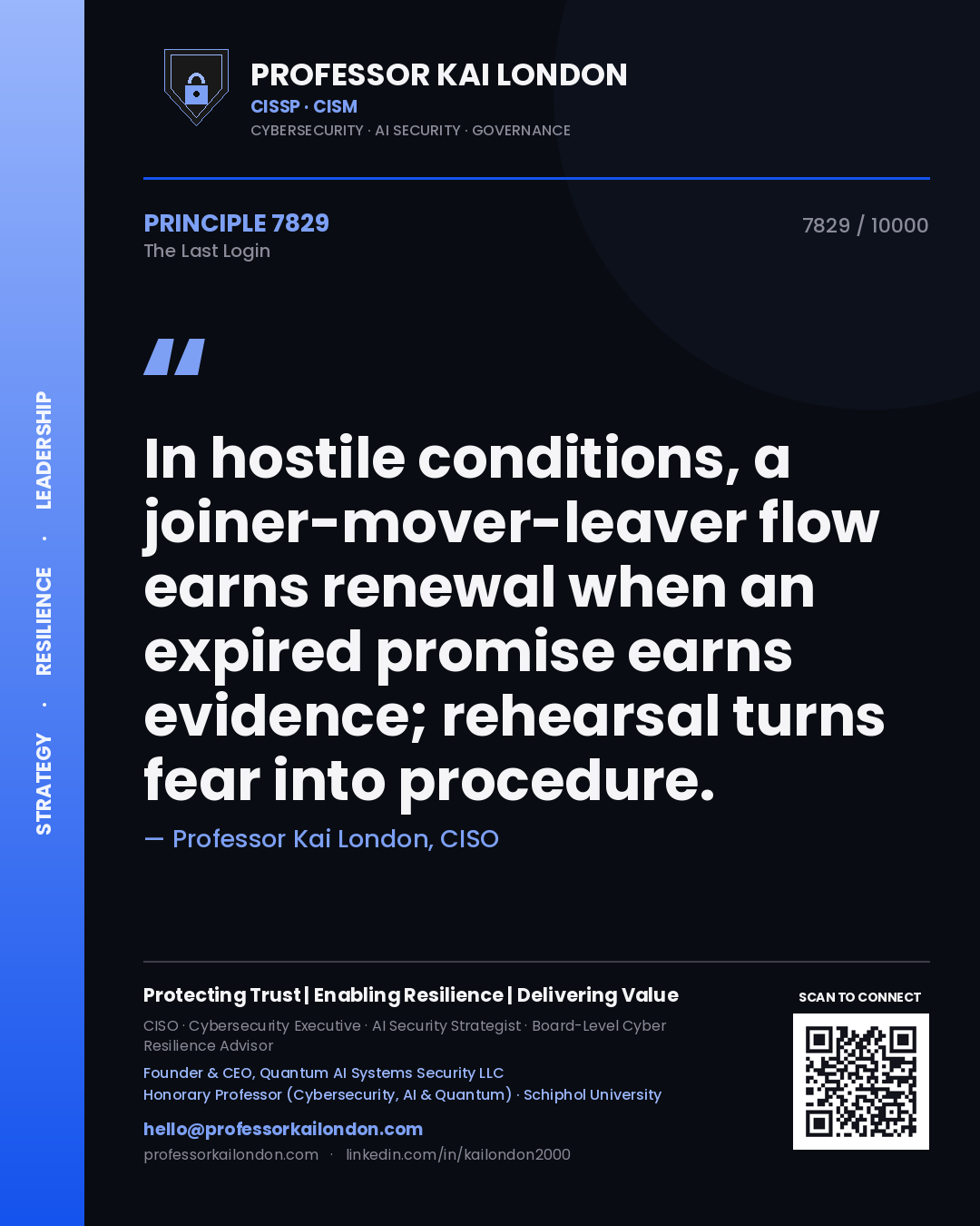 Professor Kai London principle 7829: In hostile conditions, a joiner-mover-leaver flow earns renewal when an expired promise earns evidence; rehearsal turns fear into procedure.