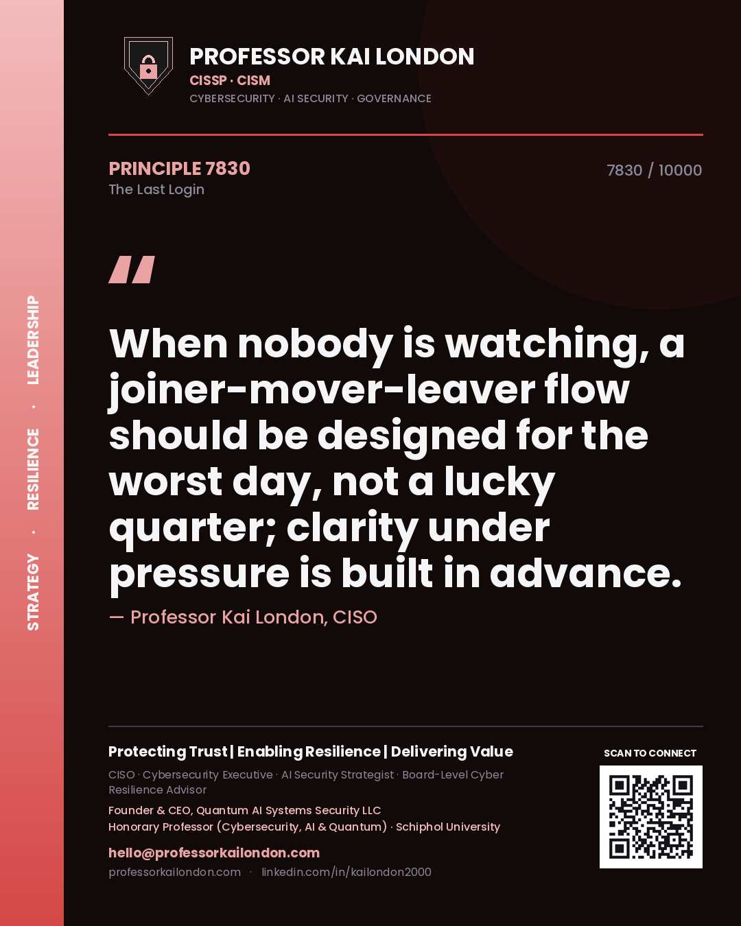 Professor Kai London principle 7830: When nobody is watching, a joiner-mover-leaver flow should be designed for the worst day, not a lucky quarter; clarity under pressure is built in advance.