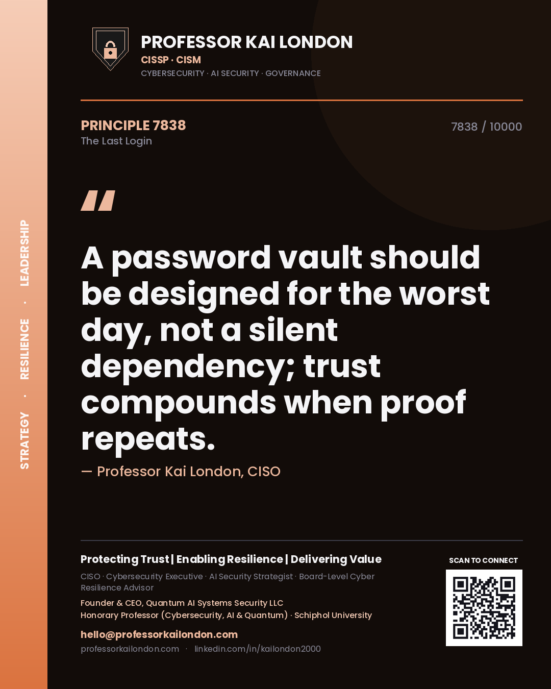 Professor Kai London principle 7838: A password vault should be designed for the worst day, not a silent dependency; trust compounds when proof repeats.