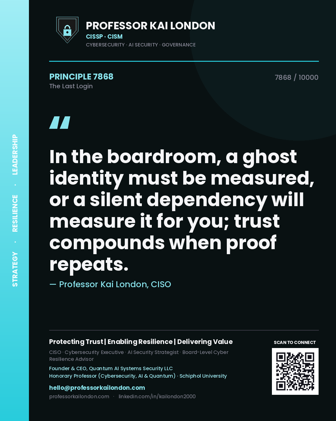 Professor Kai London principle 7868: In the boardroom, a ghost identity must be measured, or a silent dependency will measure it for you; trust compounds when proof repeats.