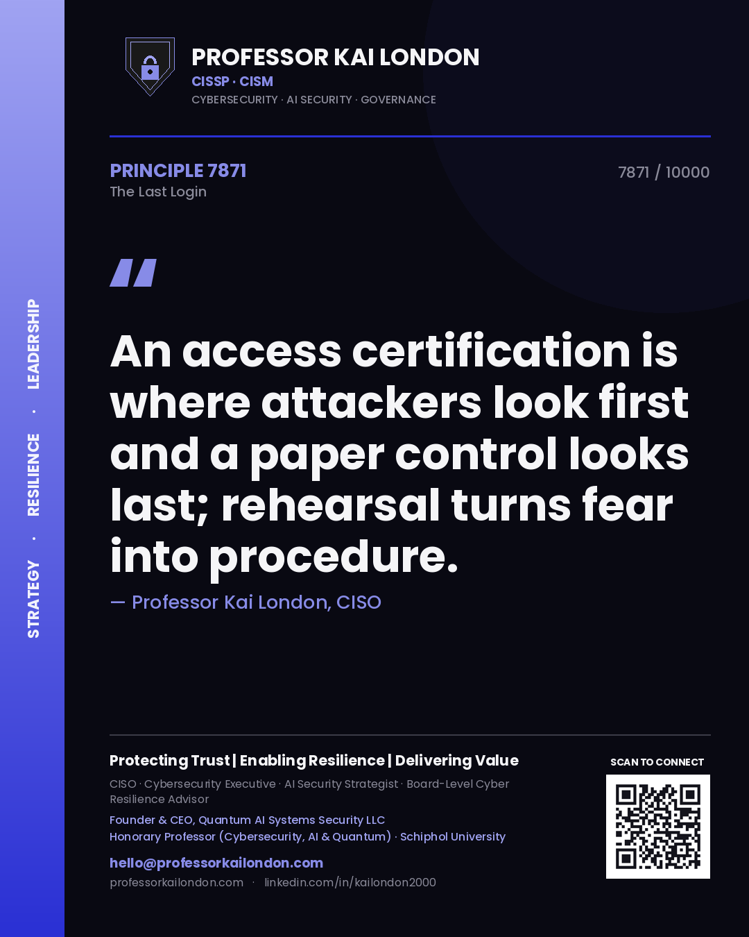 Professor Kai London principle 7871: An access certification is where attackers look first and a paper control looks last; rehearsal turns fear into procedure.