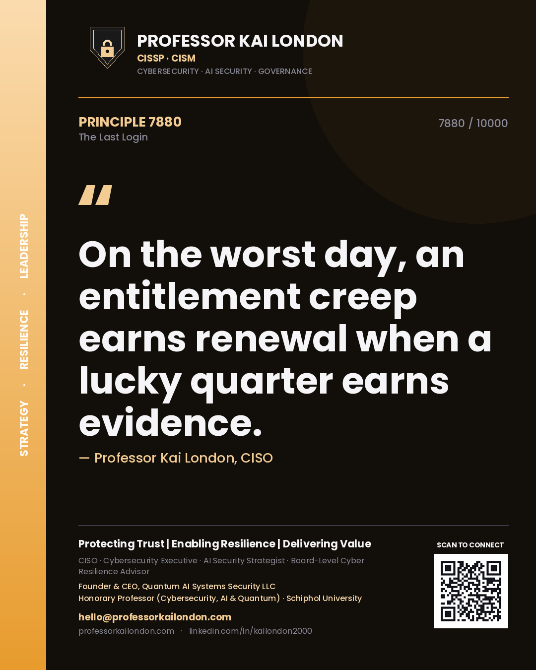 Professor Kai London principle 7880: On the worst day, an entitlement creep earns renewal when a lucky quarter earns evidence.