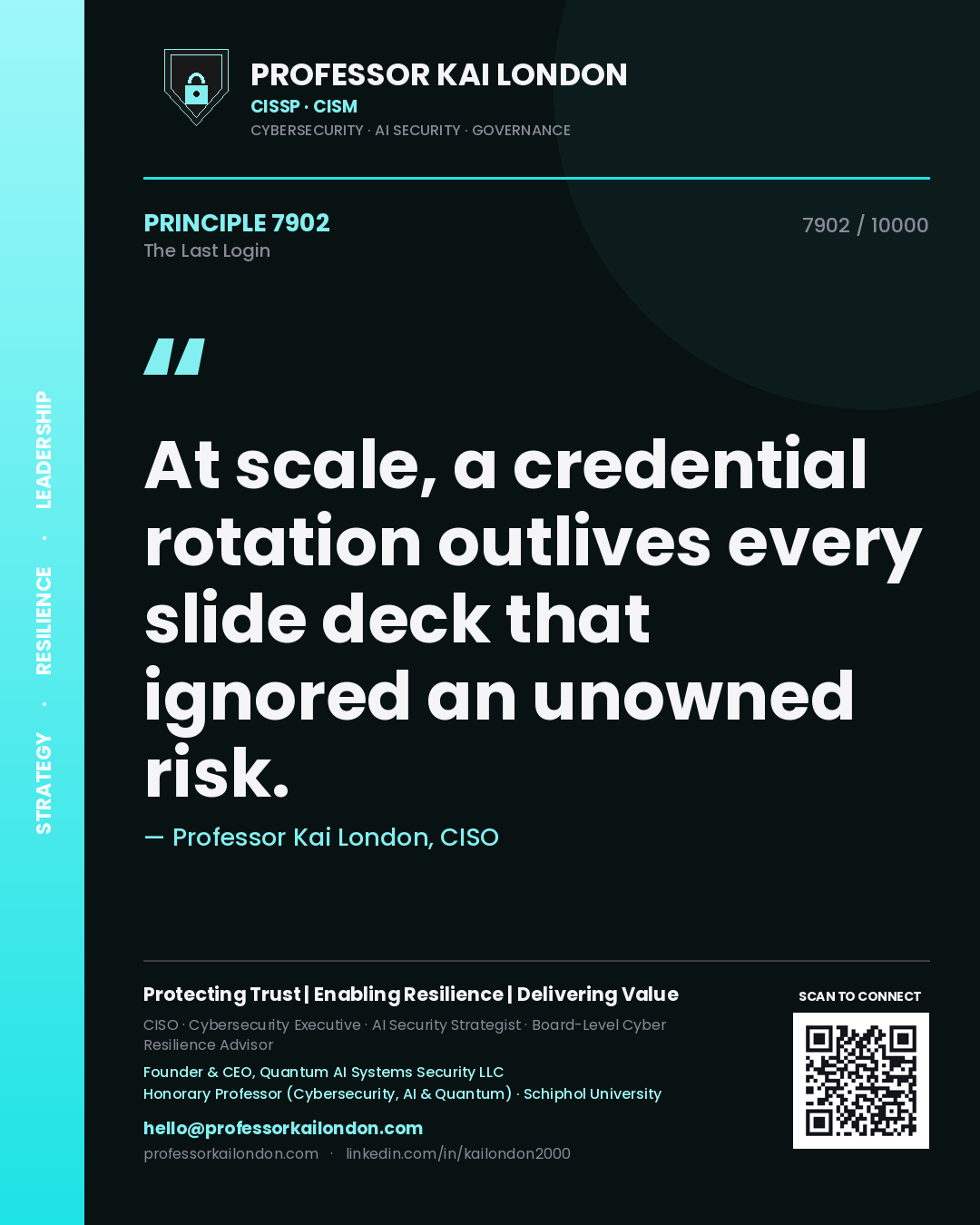 Professor Kai London principle 7902: At scale, a credential rotation outlives every slide deck that ignored an unowned risk.